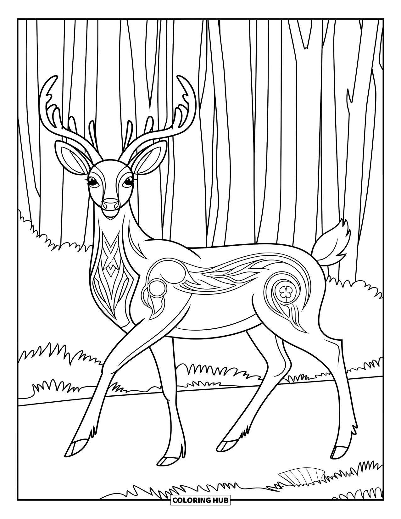 Disegno da colorare di cervi per adulti: Un cervo decorato con intricate marcature cammina lungo un sentiero forestale con alberi imponenti