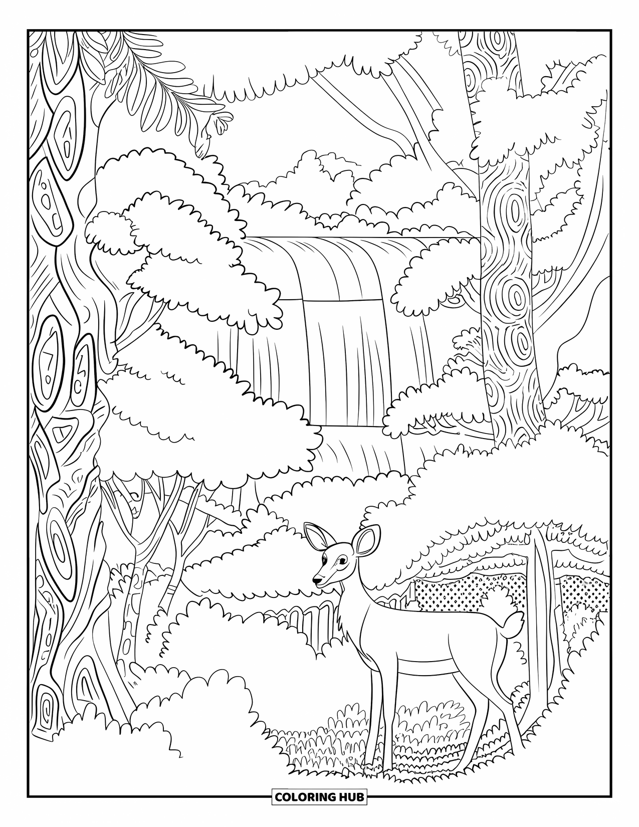 Disegno da colorare di cervi per adulti: Un cervo guarda una cascata isolata in una foresta piena di dettagliate texture degli alberi