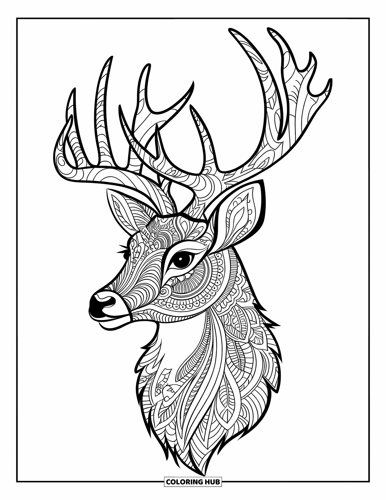 Disegno da colorare di cervi per adulti: Una testa di cervo è adornata con un vorticoso disegno mandala e delicati motivi floreali