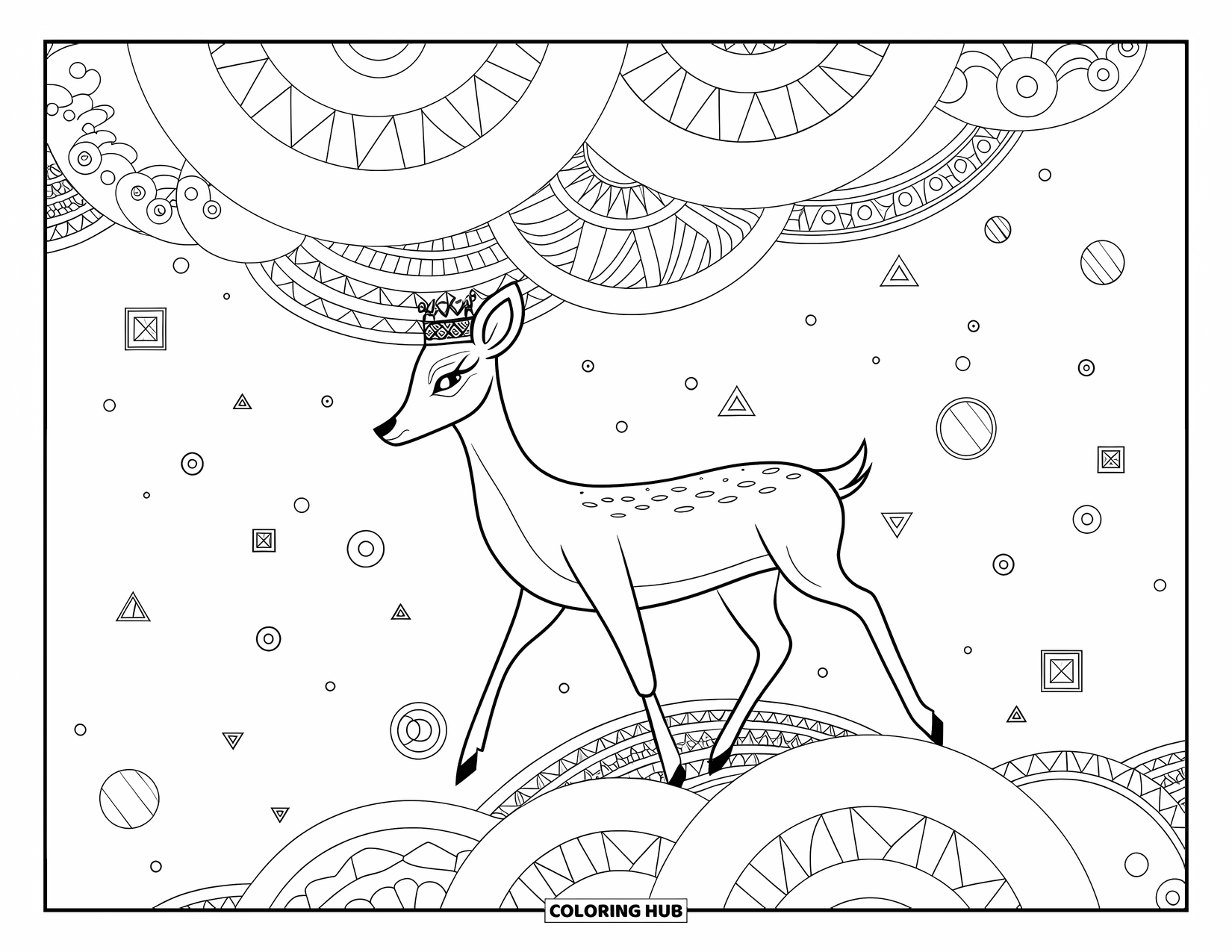 Disegno da colorare di cervi per adulti: Un cervo in un mondo surreale cammina tra triangoli fluttuanti, cerchi e intricati motivi