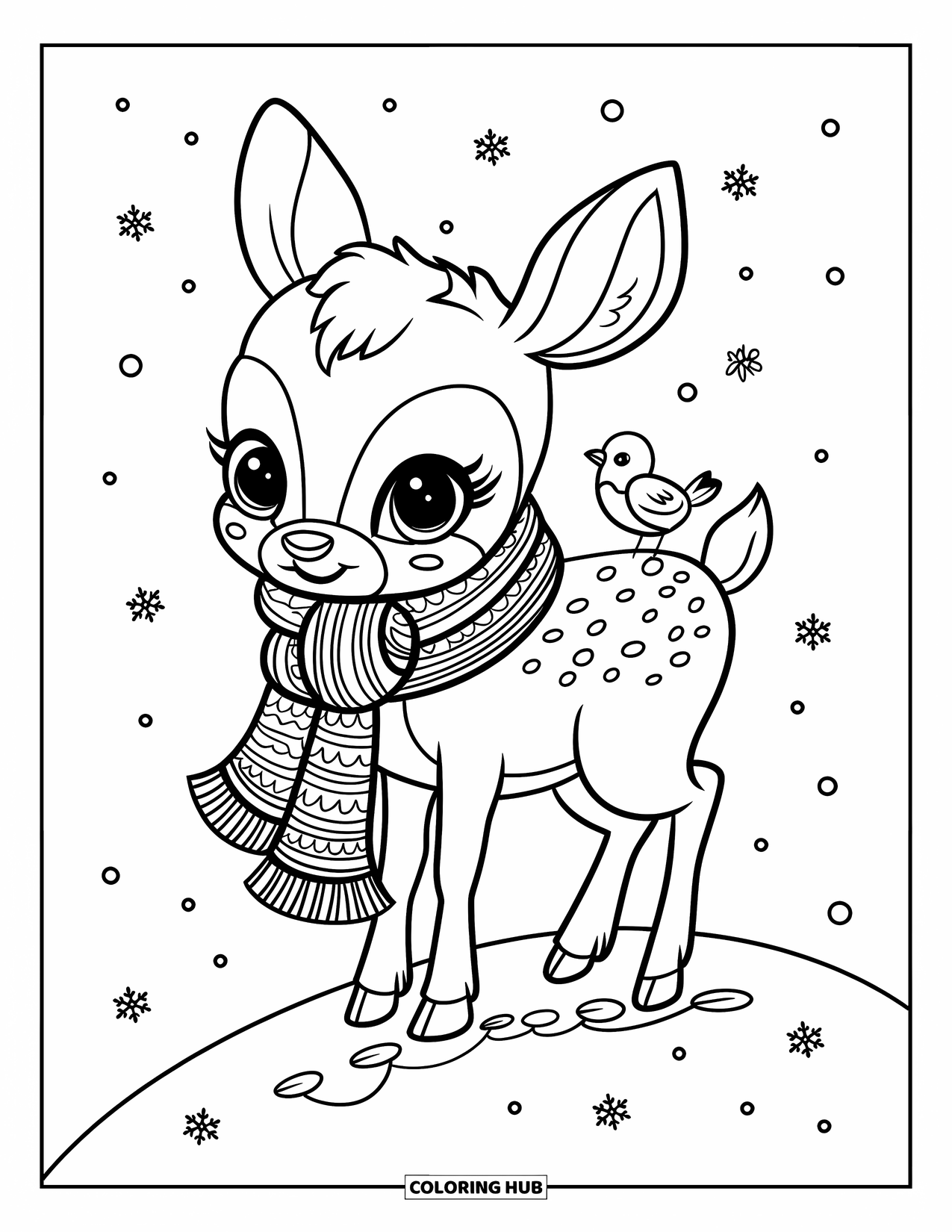 Disegno di cervo da colorare per adulti: Un cervo con una spessa sciarpa si erge nella neve mentre un minuscolo uccello riposa nelle vicinanze