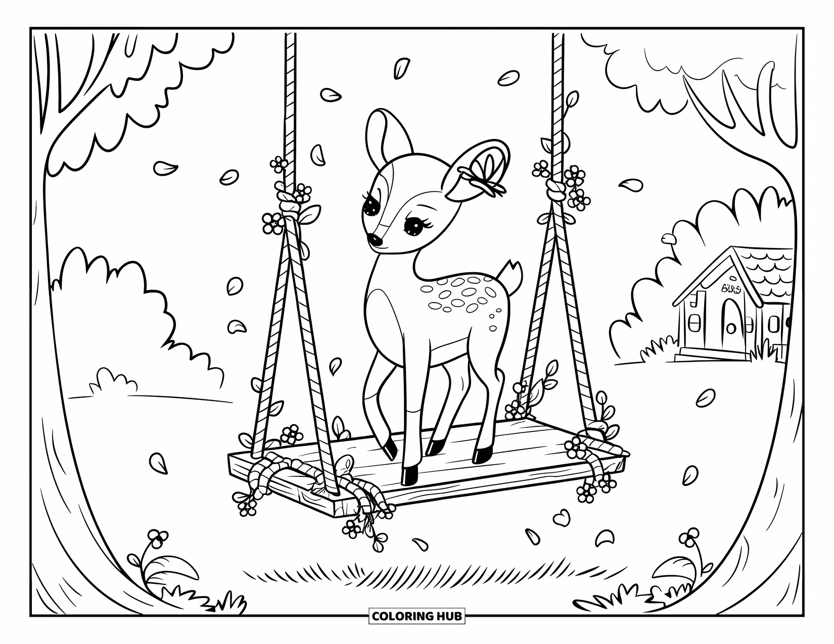 Disegno da colorare di cervi per adulti: Un cervo su un'altalena avvolta di fiori si inclina leggermente mentre petali e foglie fluttuano intorno