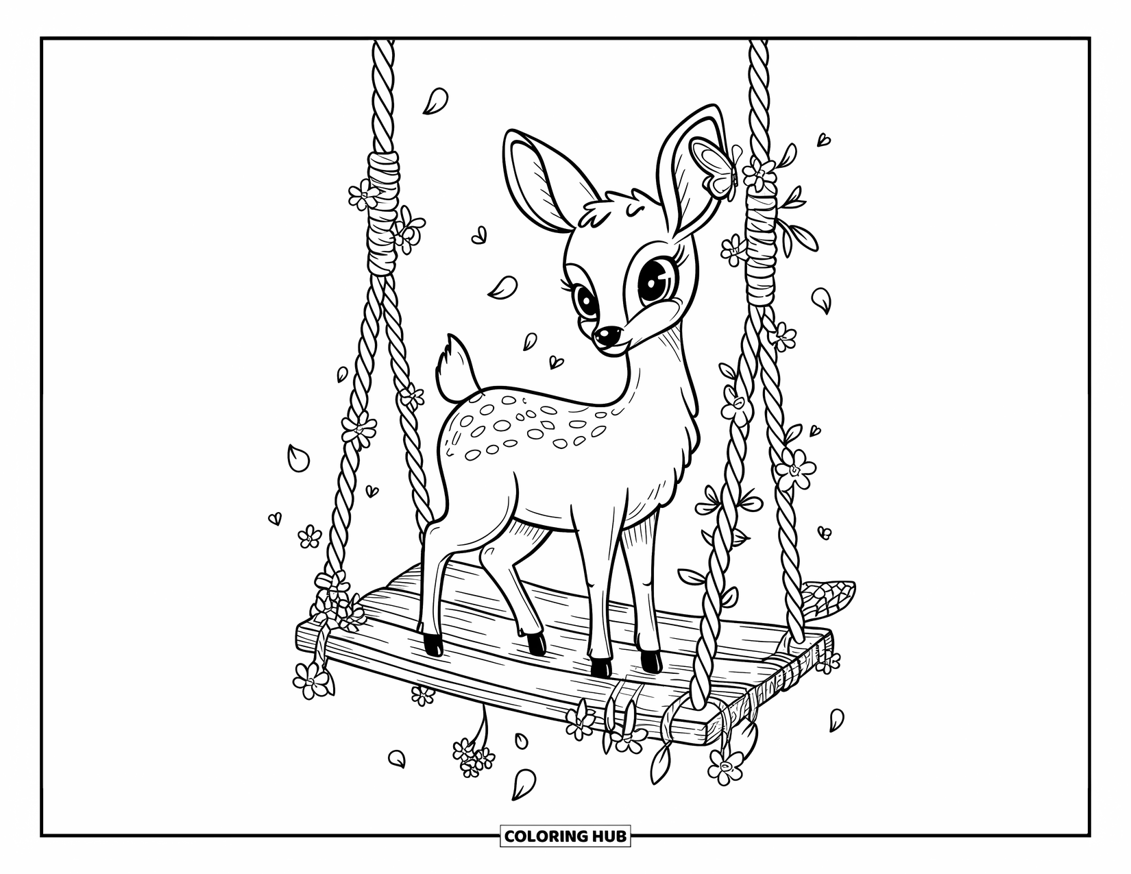 Disegno da colorare di cervi per adulti: Un cervo su un'altalena avvolta di fiori oscilla dolcemente mentre una farfalla si riposa nelle vicinanze