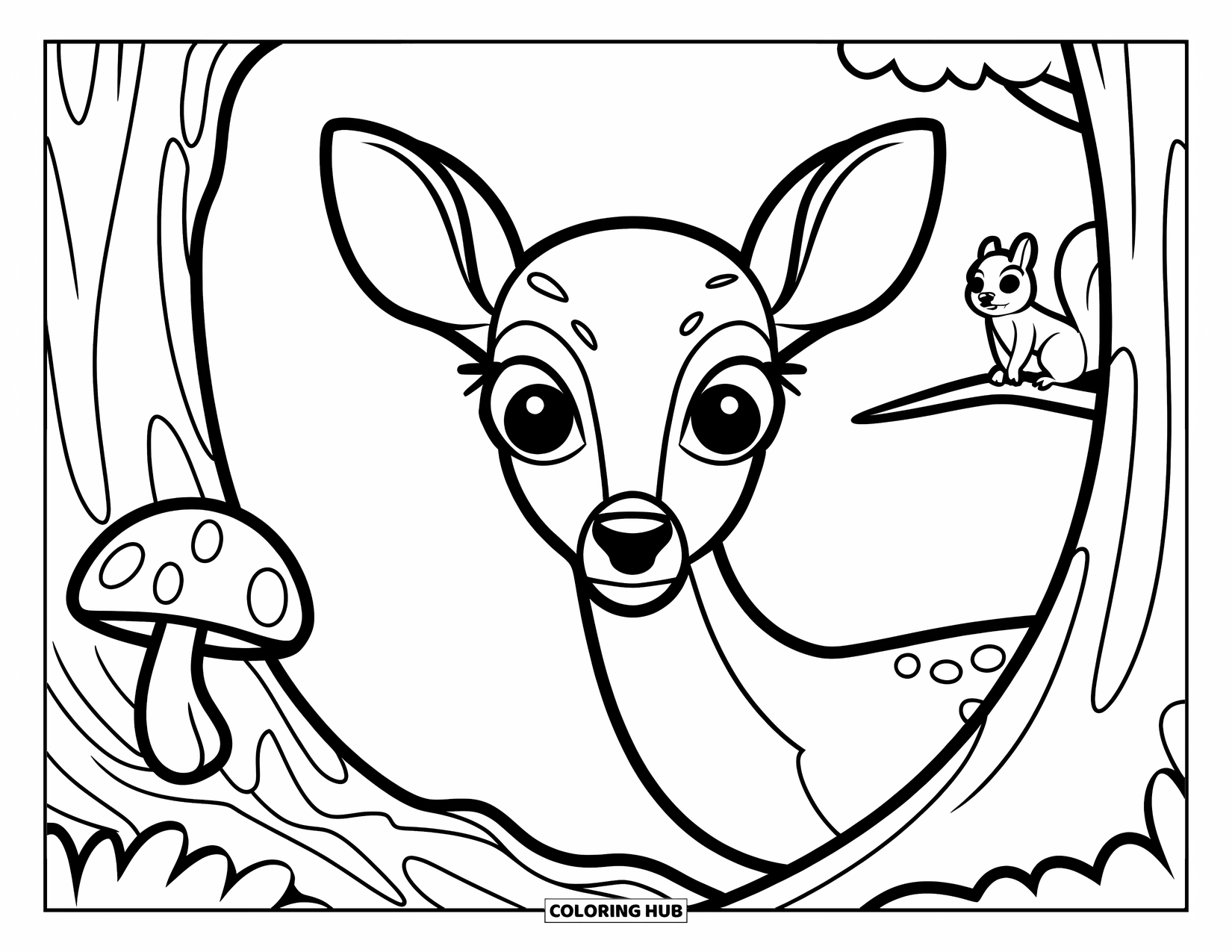 Disegno di cervo da colorare per adulti: Un cervo fa capolino da un albero mentre uno scoiattolo si appollaia nelle vicinanze, circondato da funghi