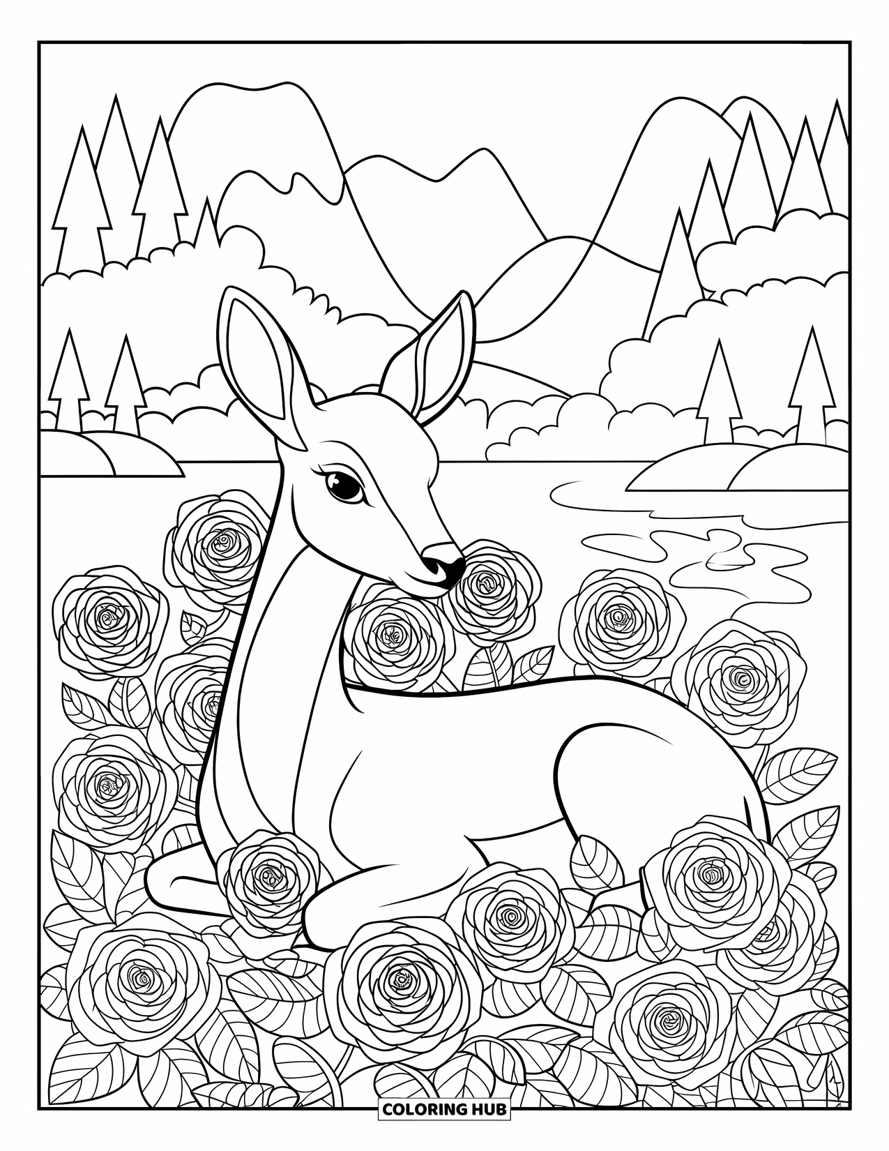 Disegno da colorare di cervi per adulti: Un cervo riposa tra rose dal design intricato in un ambiente pacifico e floreale