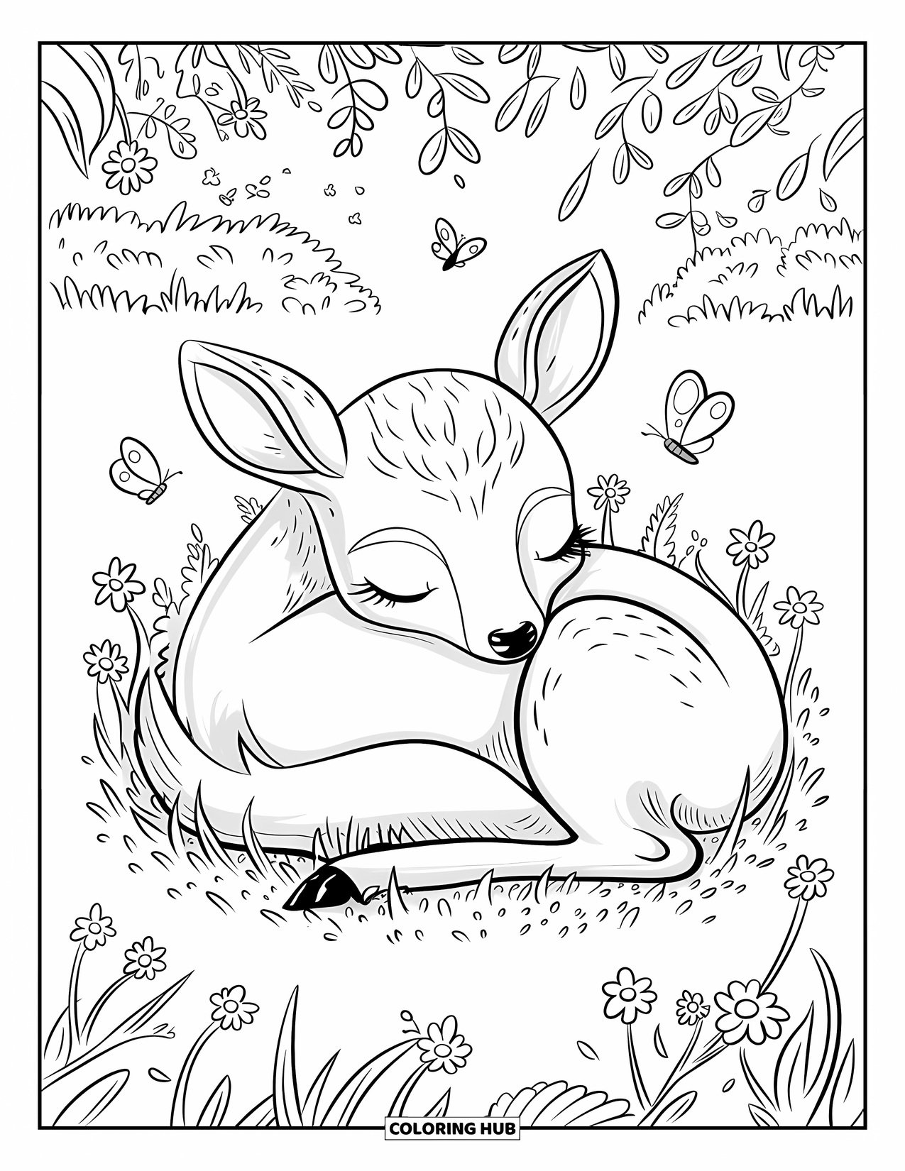 Disegno di cervo da colorare per adulti: Un cervo riposa pacificamente in un prato mentre le farfalle svolazzano intorno nella calda brezza