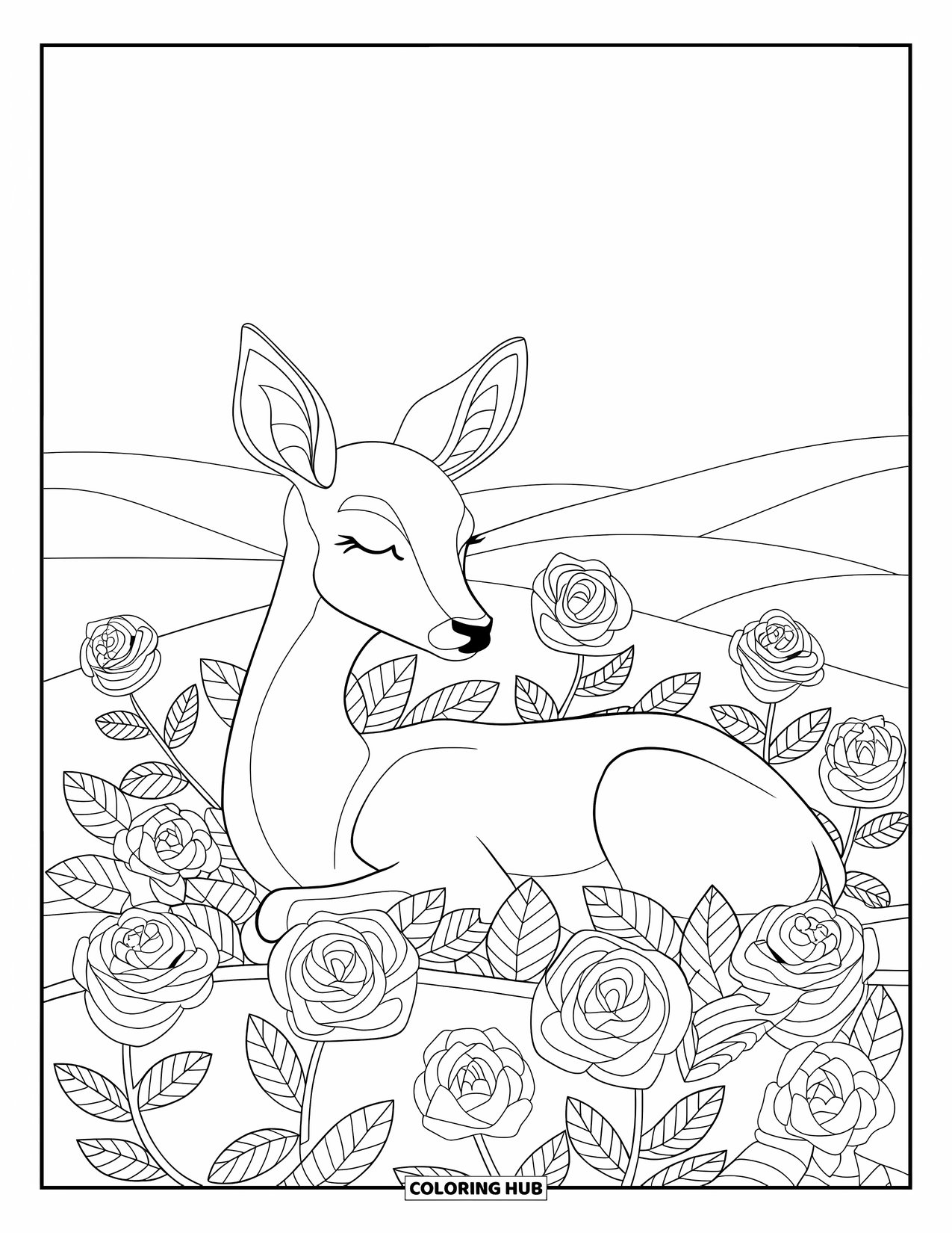 Disegno da colorare di cervi per adulti: Un cervo dorme pacificamente tra le rose, con un paesaggio pittoresco sullo sfondo