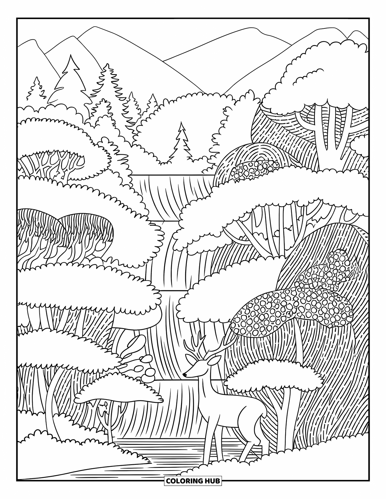Disegno da colorare di cervi per adulti: Un cervo si erge tra alberi con corteccia a motivi, con una cascata che scorre sullo sfondo