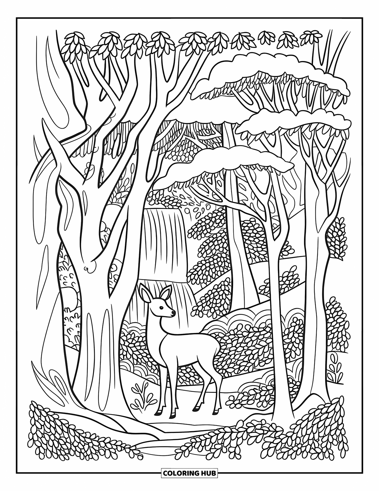 Disegno da colorare di cervi per adulti: Un cervo si erge in una fitta foresta, circondato da alberi intricati e una cascata nascosta