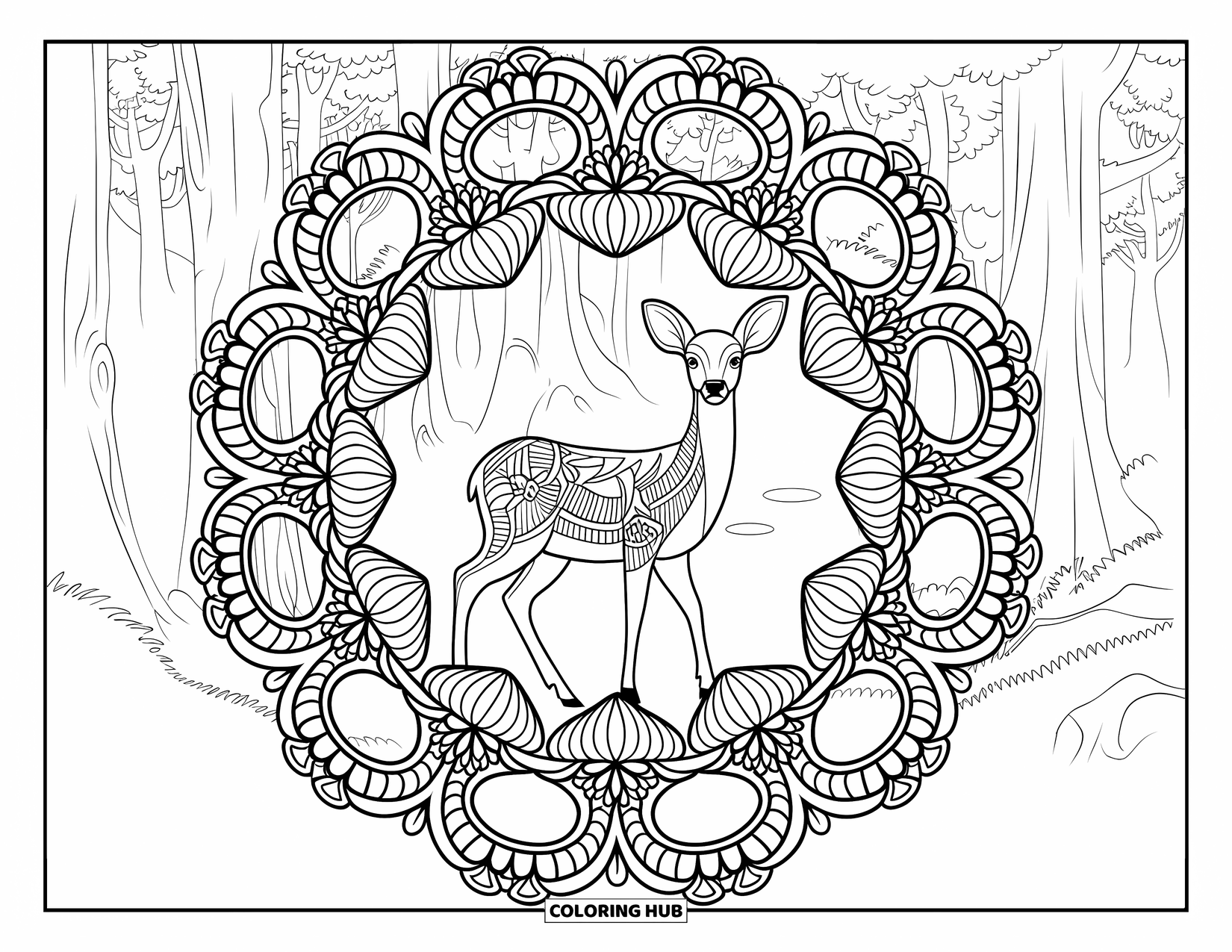 Disegno da colorare di cervi per adulti: Un cervo si erge in una foresta, incorniciato da un intricato bordo floreale simile a un pizzo