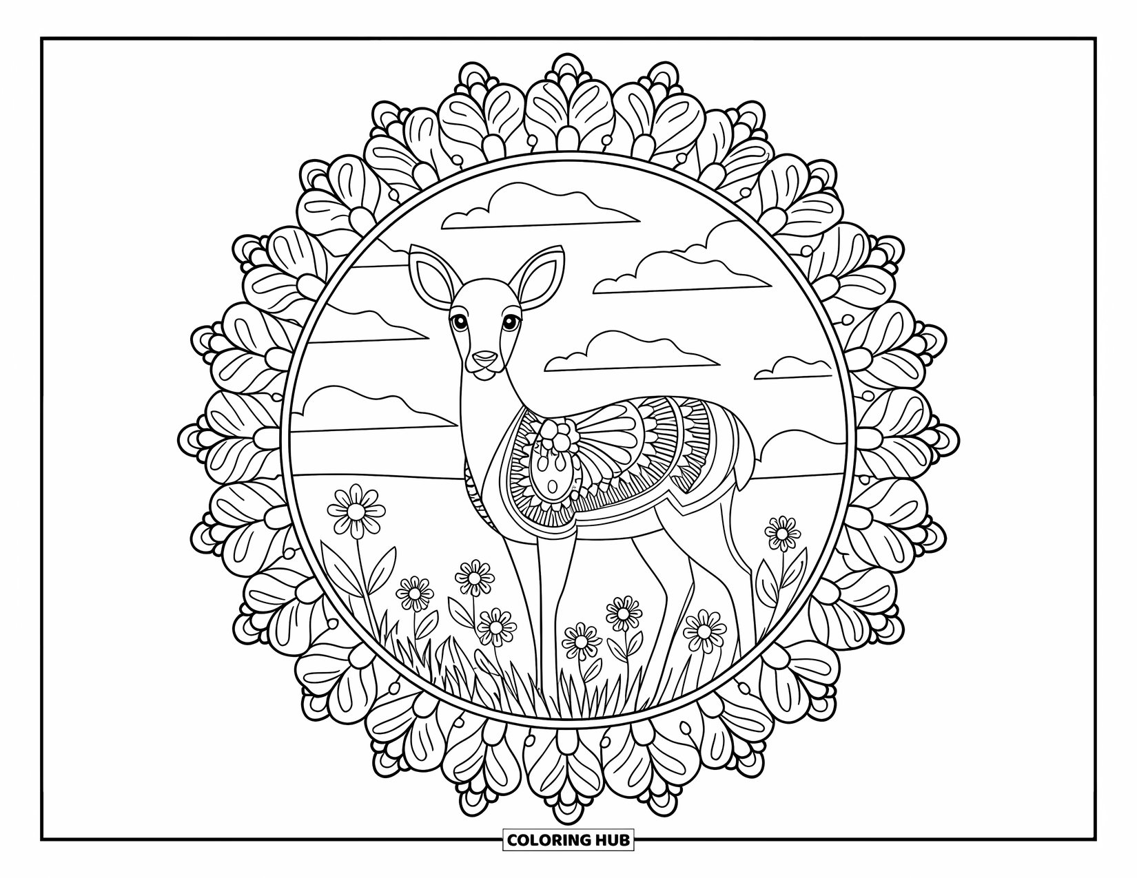 Disegno da colorare di cervi per adulti: Un cervo si erge in un prato, incorniciato da un intricato disegno floreale con un cielo nuvoloso