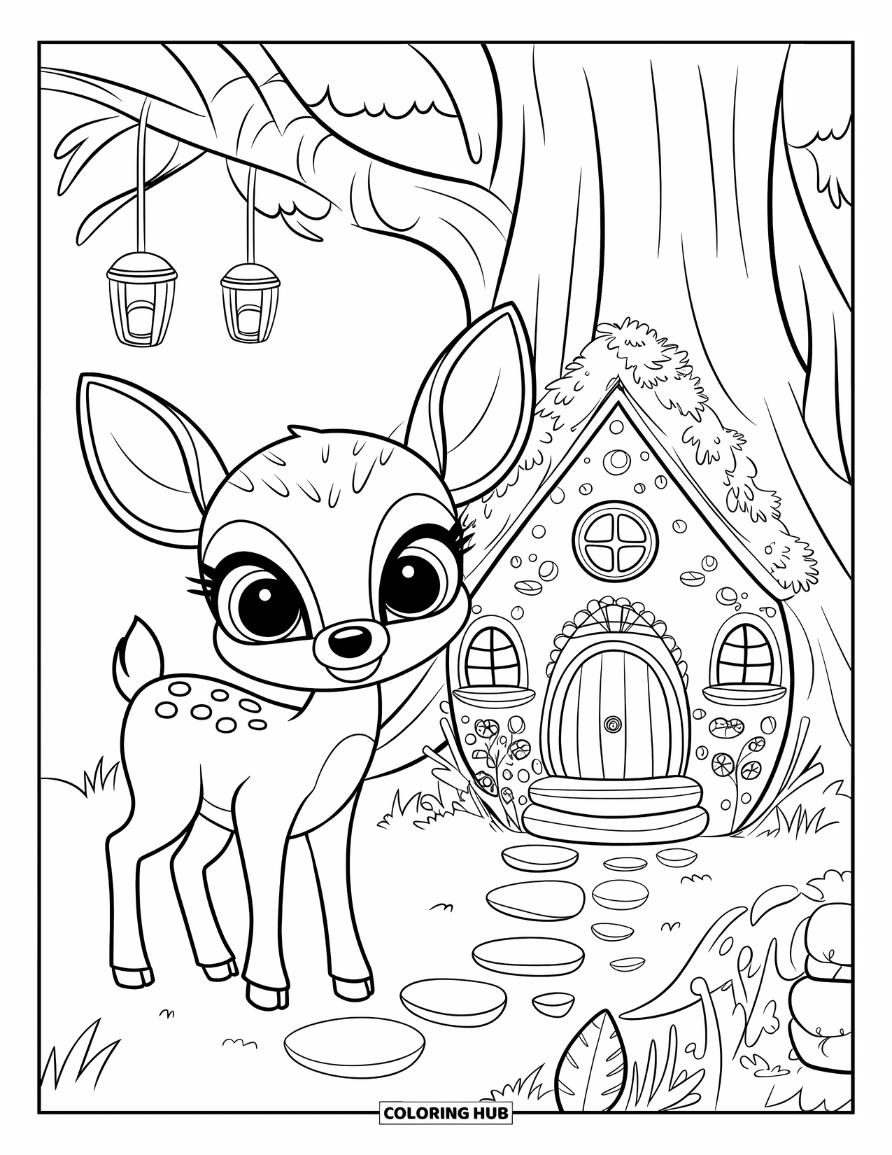 Disegno di cervo da colorare per adulti: Un cervo si erge vicino a un'accogliente casa delle fate immersa alla base di un grande albero