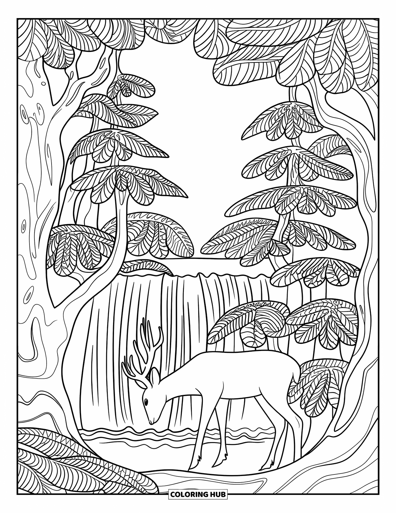 Disegno da colorare di cervi per adulti: Un cervo si erge vicino a una cascata nascosta in una scena forestale dettagliata e texturizzata