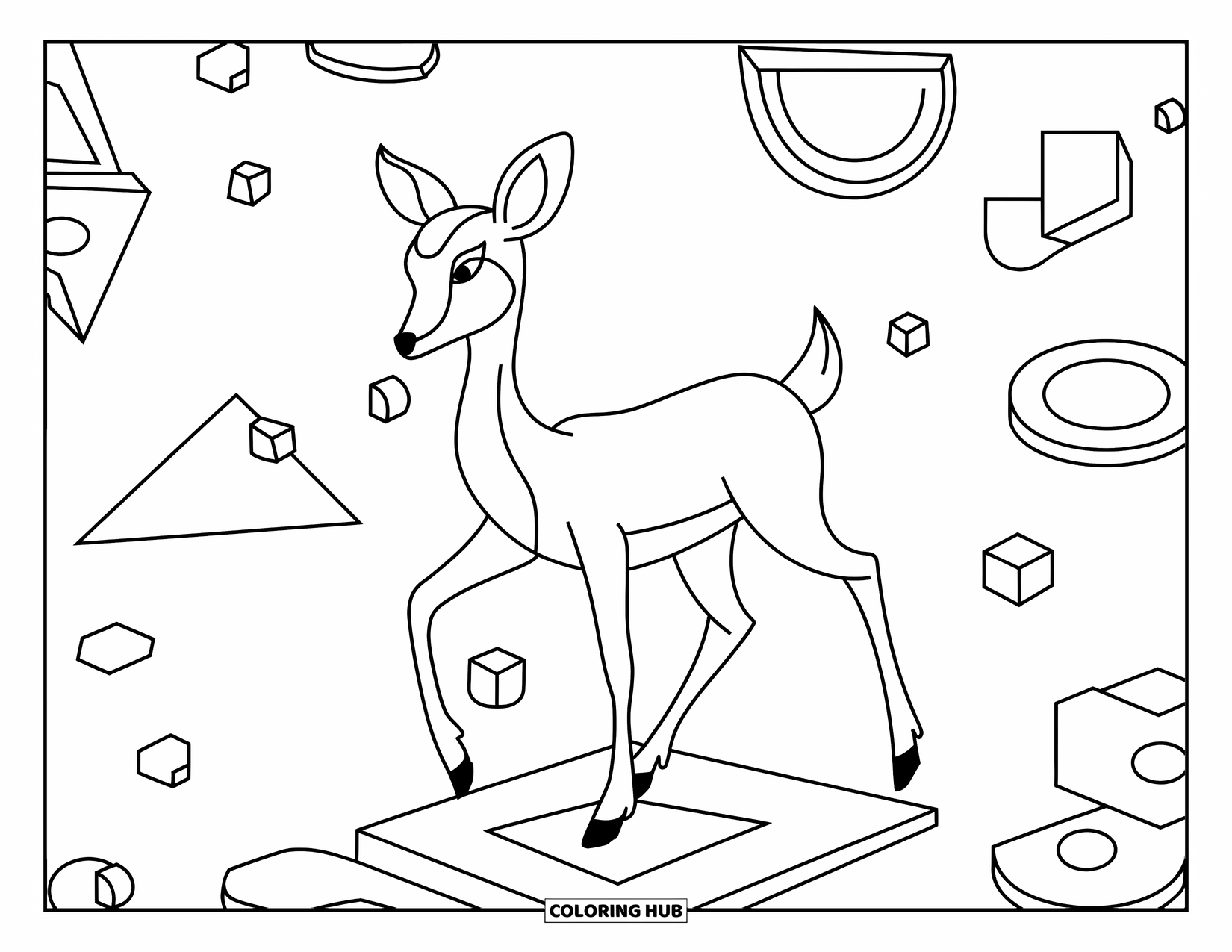 Disegno da colorare di cervi per adulti: Un cervo calpesta un triangolo mentre è circondato da intricate forme geometriche fluttuanti