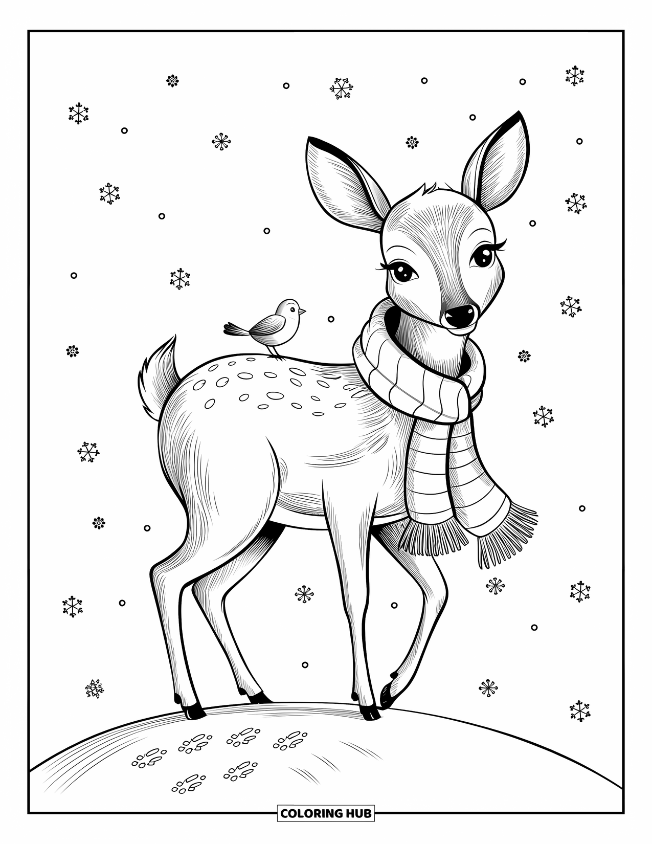 Disegno di cervo da colorare per adulti: Un cervo che indossa una sciarpa accogliente si erge su una collina innevata mentre delicati fiocchi di neve cadono