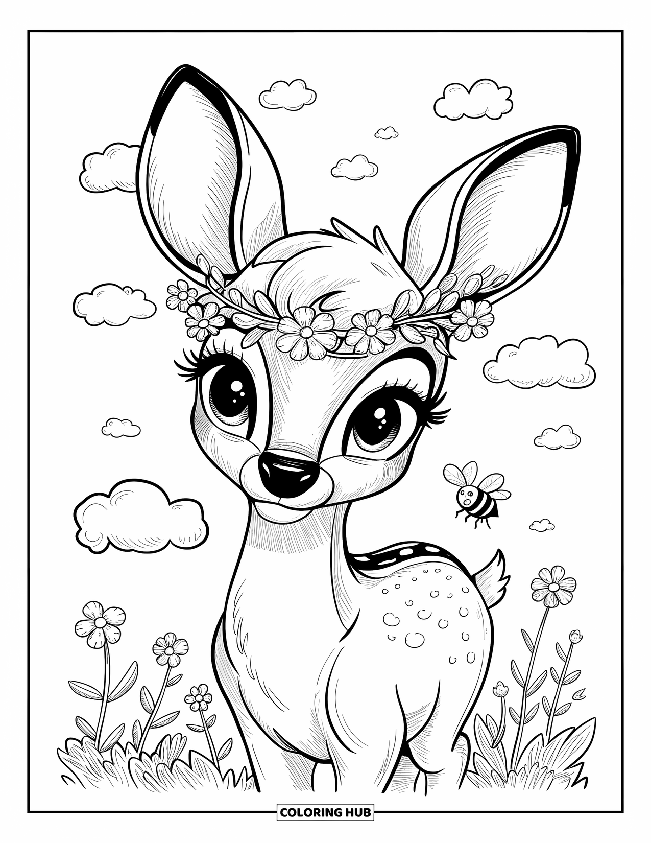 Disegno da colorare di cervi per adulti: Un cervo che indossa una ghirlanda di fiori inclina la testa mentre una piccola ape si libra vicino