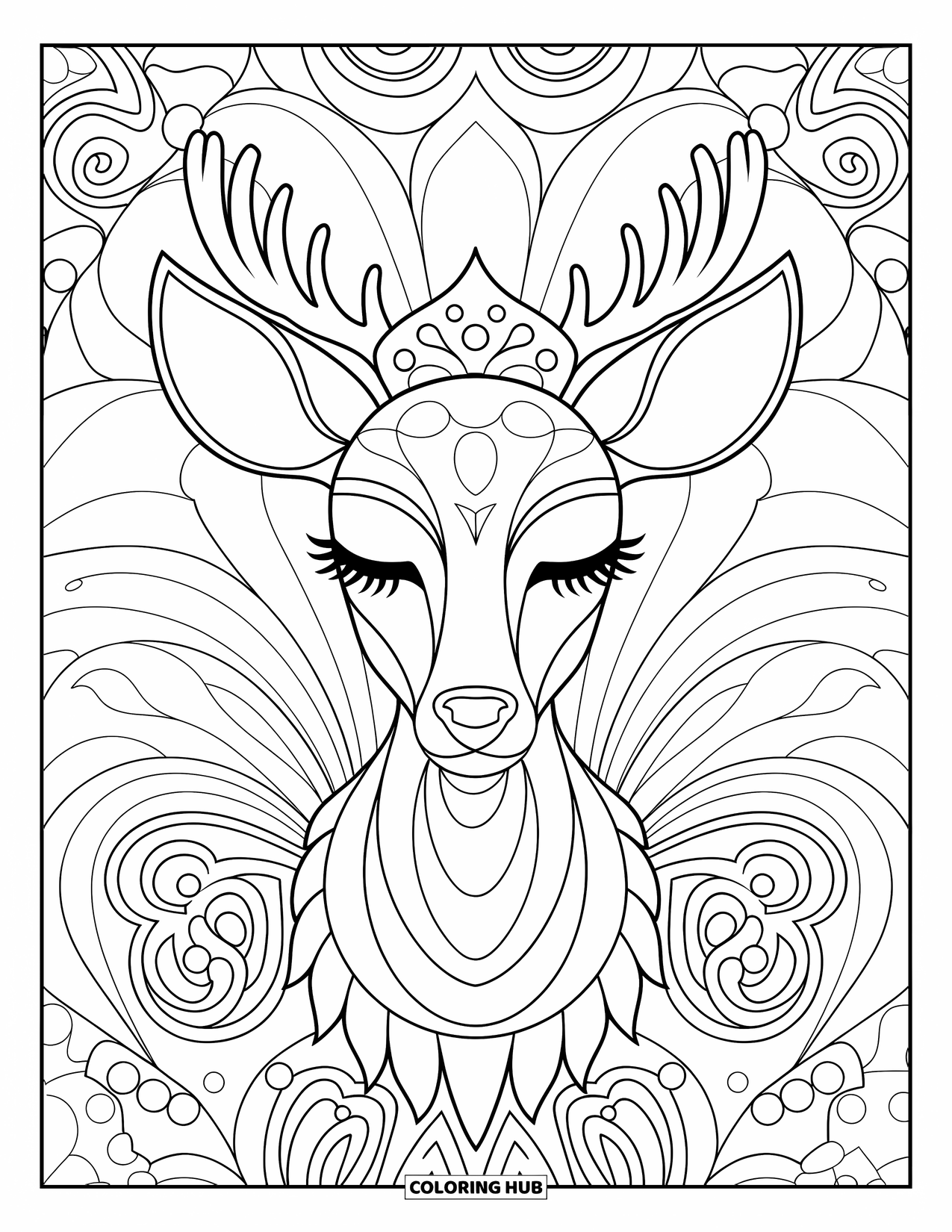 Disegno da colorare di cervi per adulti: Un cervo con una faccia a motivi mandala guarda pacificamente con intricati disegni che lo circondano