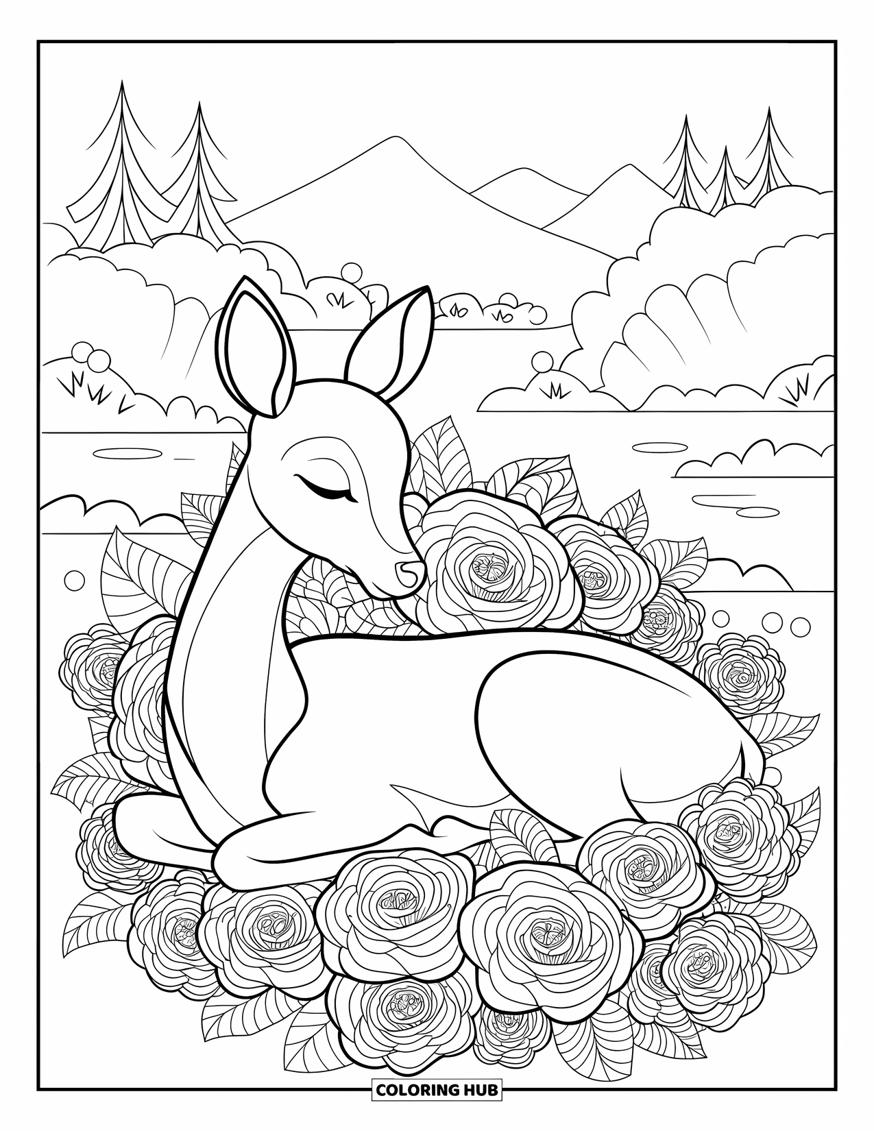 Disegno da colorare di cervi per adulti: Un cervo con gli occhi chiusi giace tra rose dettagliate in un paesaggio sereno