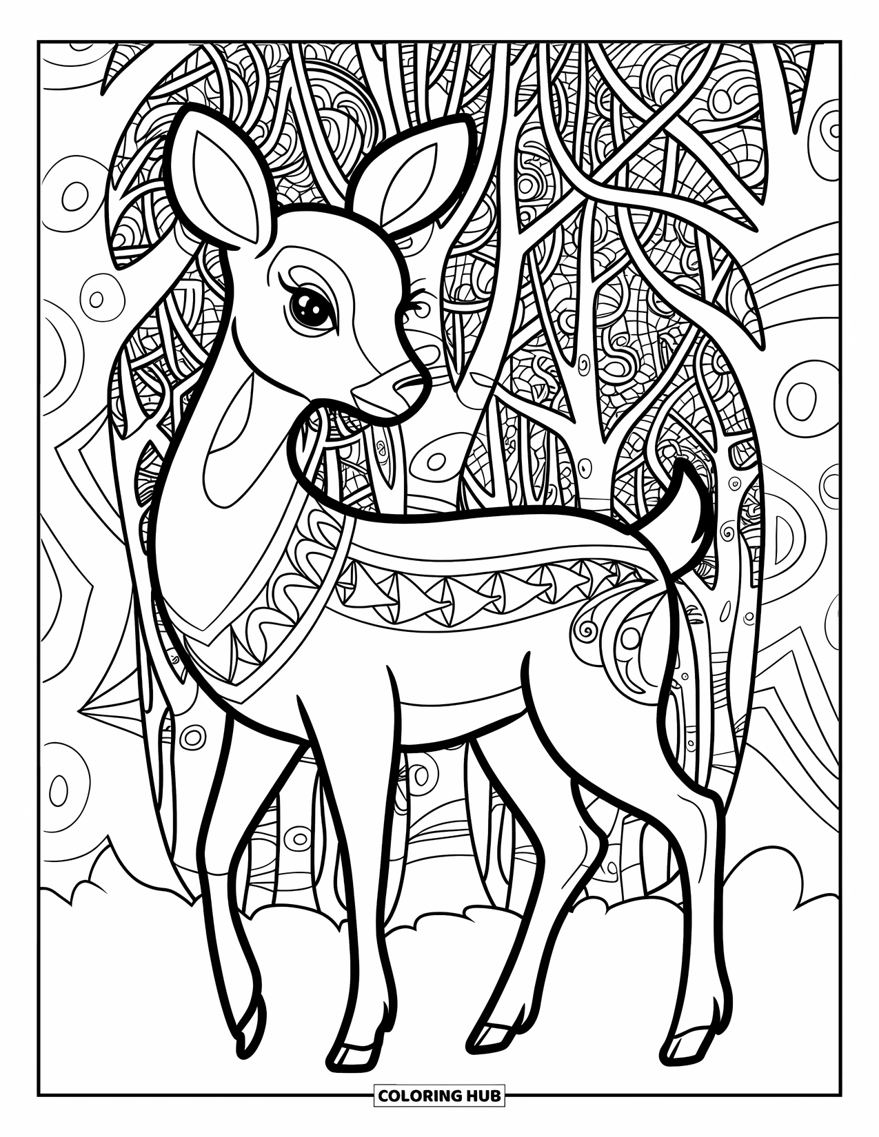Disegno da colorare di cervi per adulti: Un cervo con eleganti marcature tribali cammina attraverso una foresta piena di dettagliati motivi