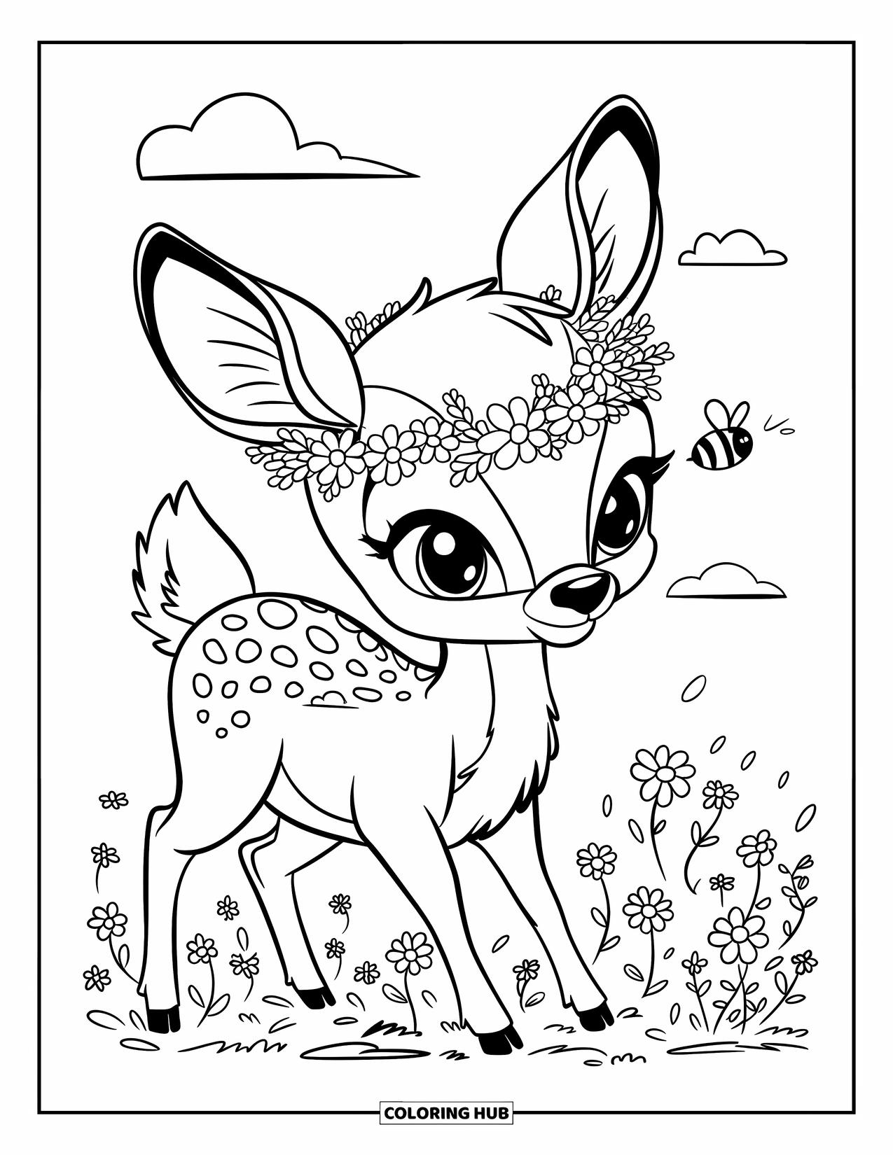 Disegno di cervo da colorare per adulti: Un cervo con fiori sulla testa guarda un'ape mentre si erge in un prato in fiore