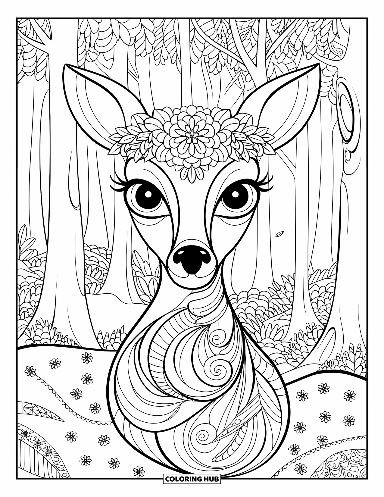 Disegno da colorare di cervi per adulti: Un cervo con grandi corna è incorniciato da un dettagliato motivo mandala e accenti floreali