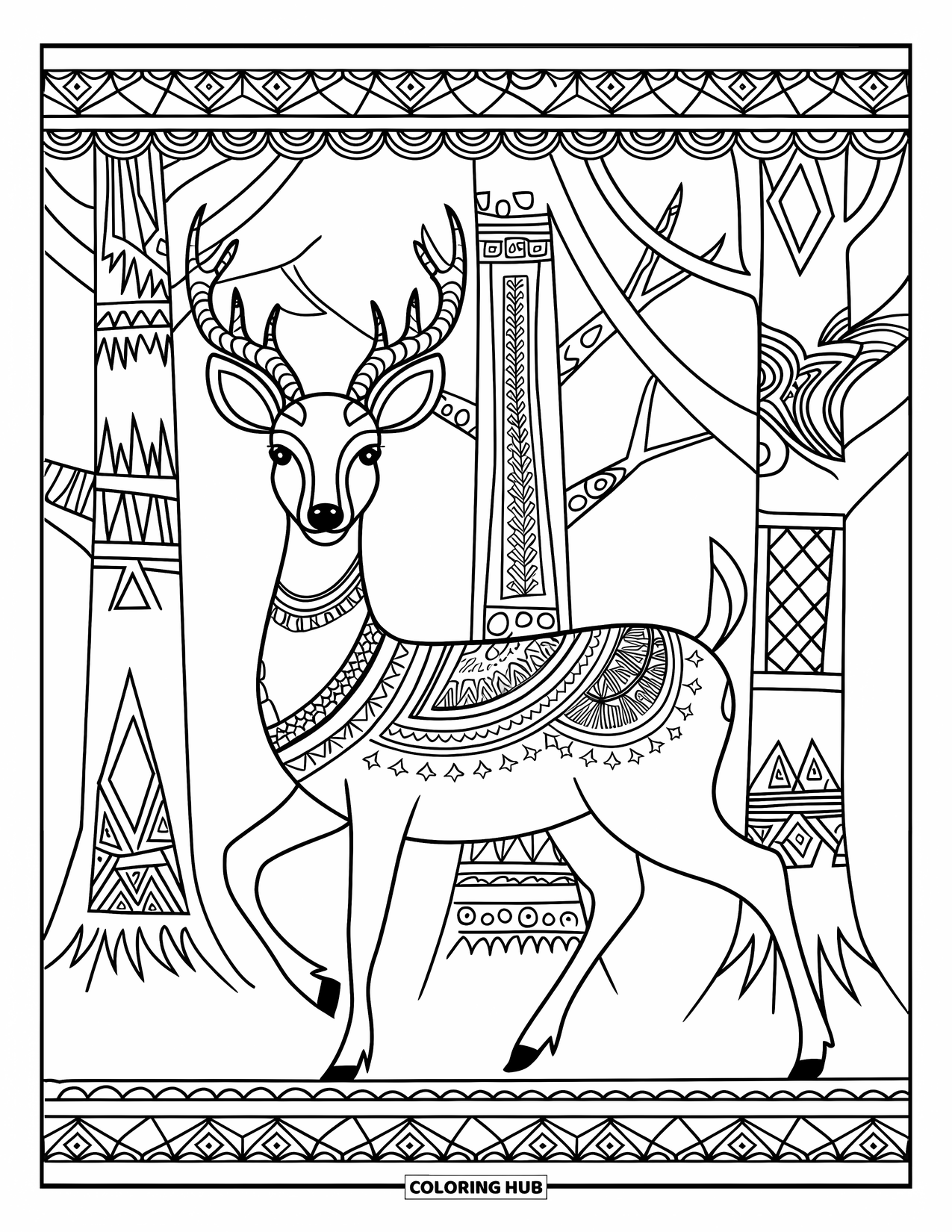 Disegno da colorare di cervi per adulti: Un cervo con ornamentali motivi tribali si erge in una foresta di alberi dal design intricato