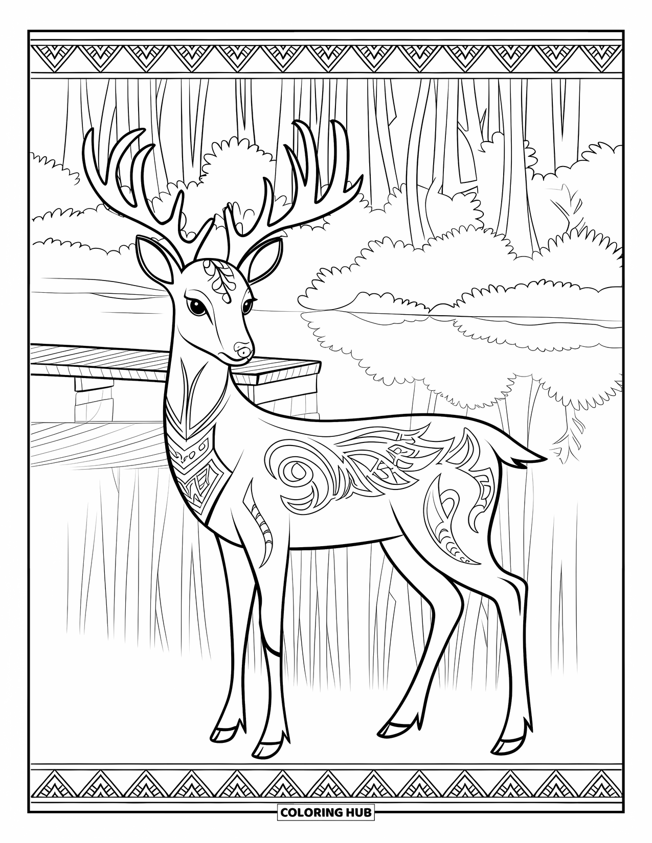 Disegno da colorare di cervi per adulti: Un cervo con disegni tribali si erge vicino a un lago, riflettendo la foresta e il cielo