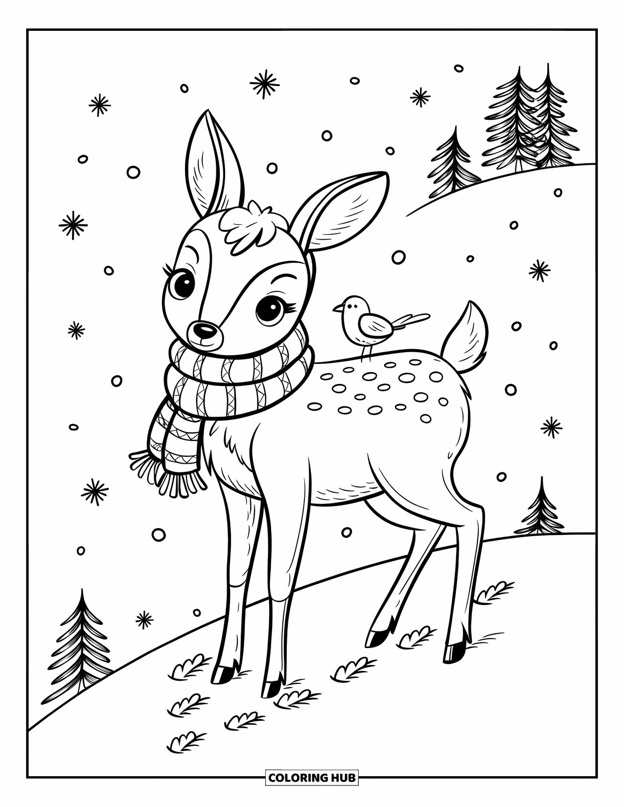 Disegno di cervo da colorare per adulti: Un cervo avvolto in una soffice sciarpa guarda i fiocchi di neve cadere mentre un uccello si appollaia sulla sua schiena