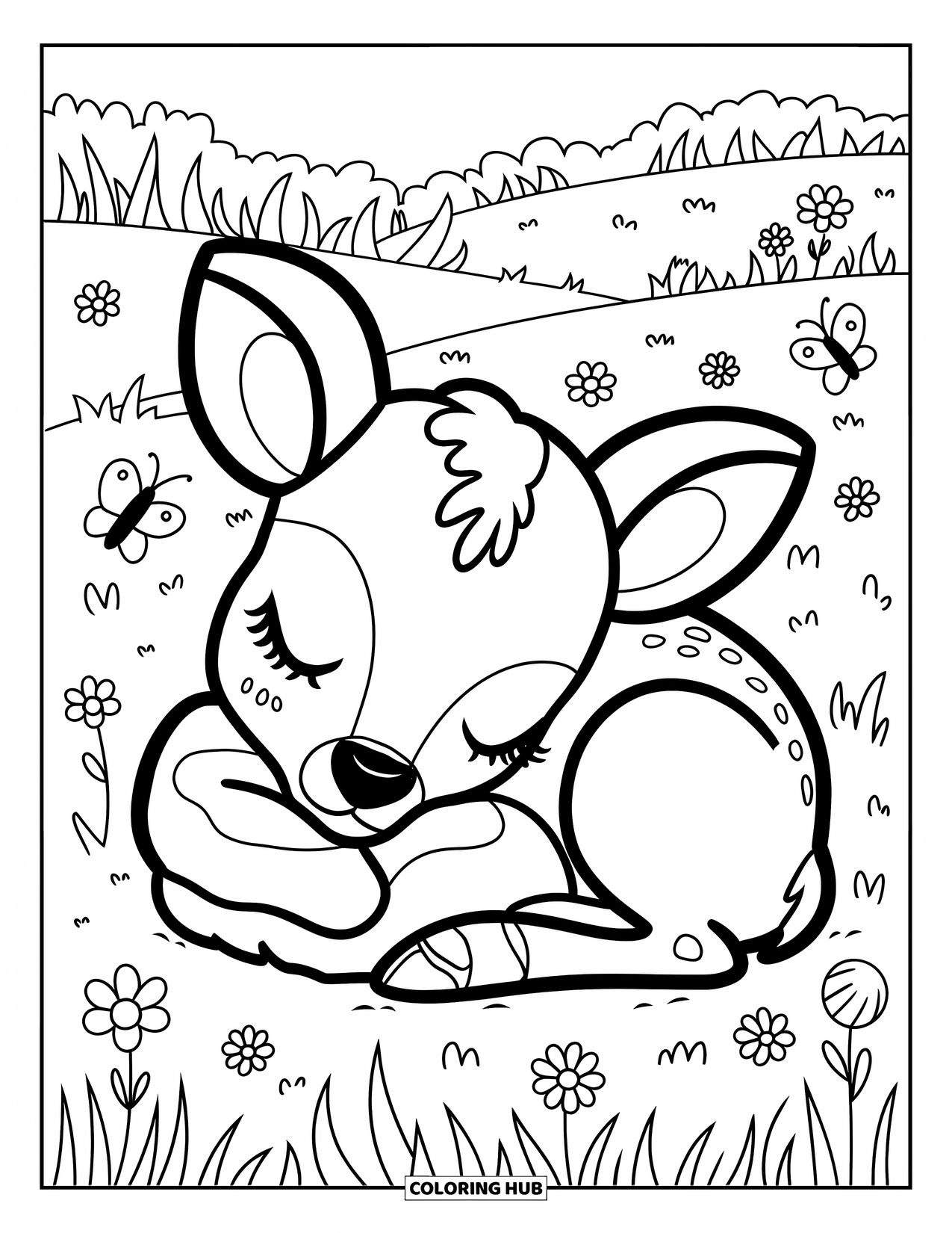 Disegno di cervo da colorare per adulti: Un cervo in stile kawaii fa un pisolino in un prato pieno di fiori con farfalle che volteggiano nelle vicinanze