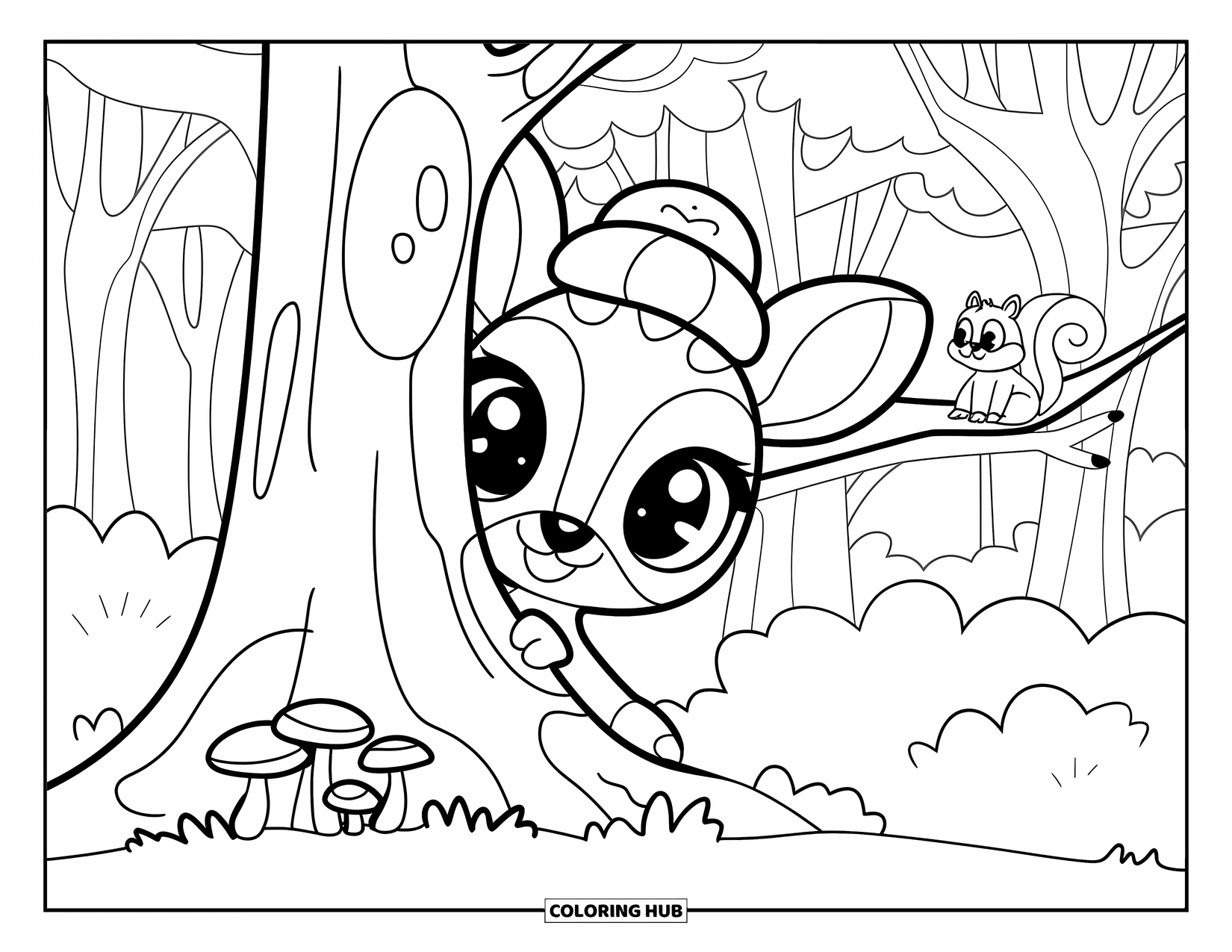 Disegno di cervo da colorare per adulti: Un cervo in stile kawaii fa capolino da un albero, indossando un cappello, mentre uno scoiattolo osserva