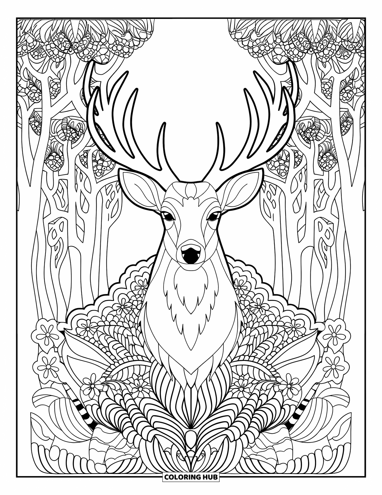 Disegno da colorare di cervi per adulti: Un maestoso cervo con alte corna si erge tra vorticosi motivi floreali e paesaggi forestali