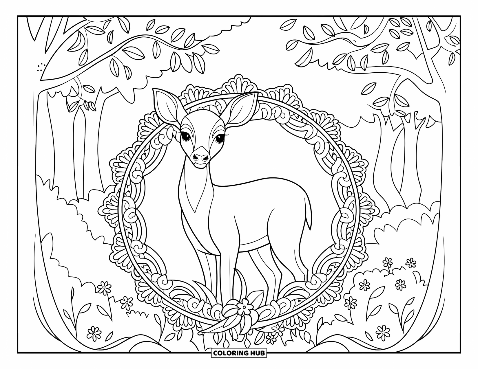 Disegno da colorare di cervi per adulti: Un cervo sereno è circondato da una cornice floreale simile a un pizzo in un tranquillo bosco