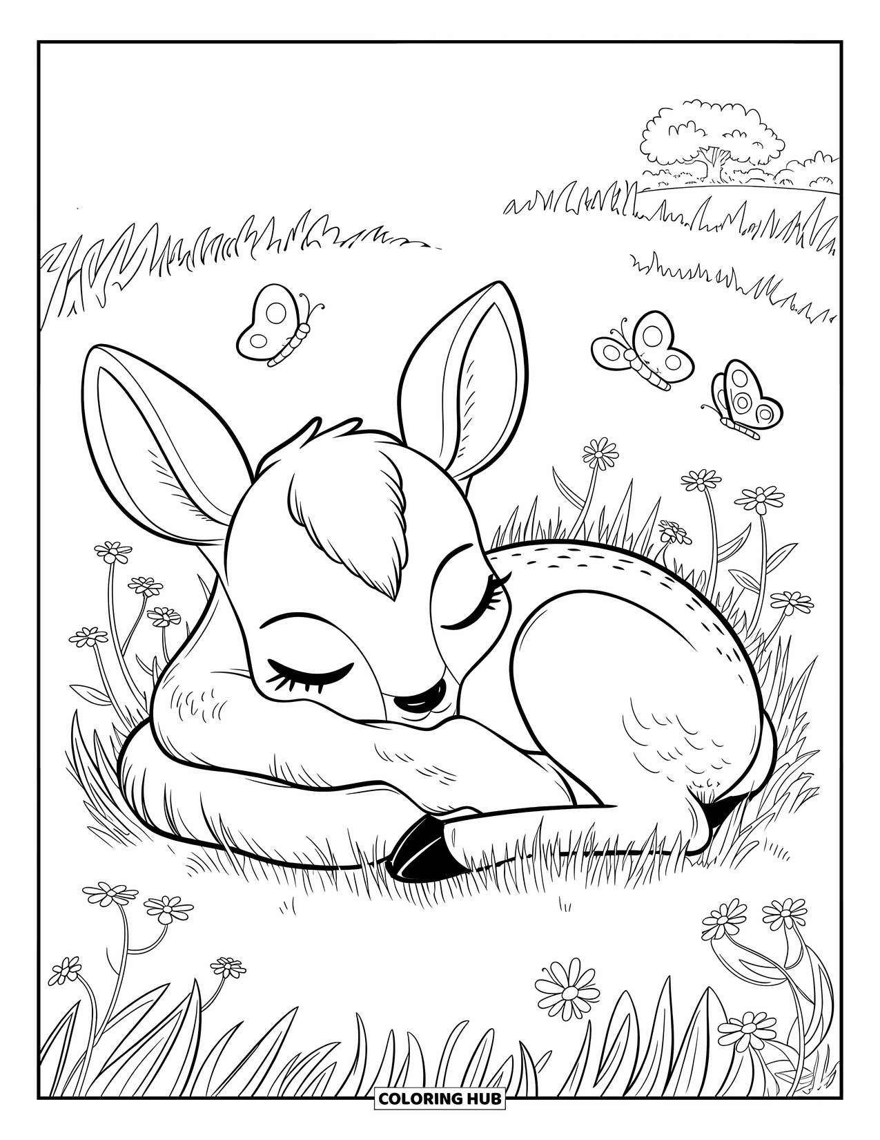 Disegno da colorare di cervi per adulti: Un cervo assonnato si raggomitola in una morbida chiazza erbosa, circondato da piccoli fiori
