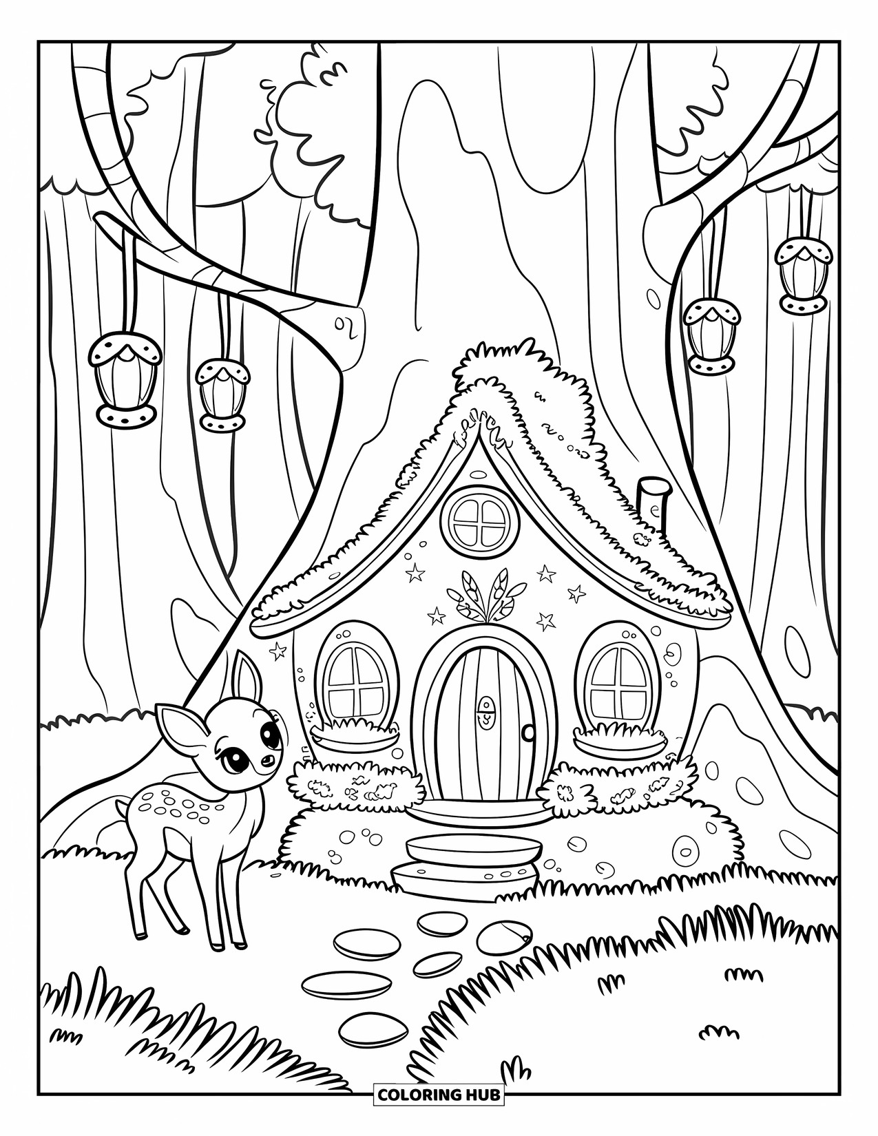 Disegno da colorare di cervi per adulti: Un piccolo cervo guarda una casa delle fate con lanterne appese ai rami degli alberi sopra