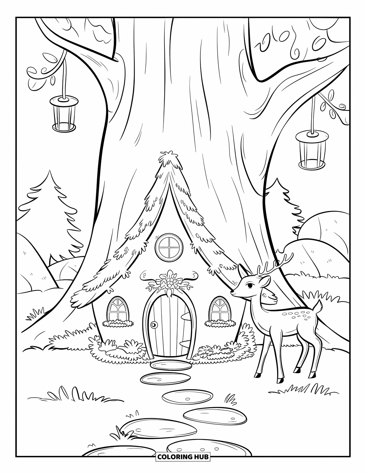 Disegno di cervo da colorare per adulti: Un piccolo cervo si erge vicino a un'incantevole casa delle fate con un sentiero di pietra che conduce all'interno