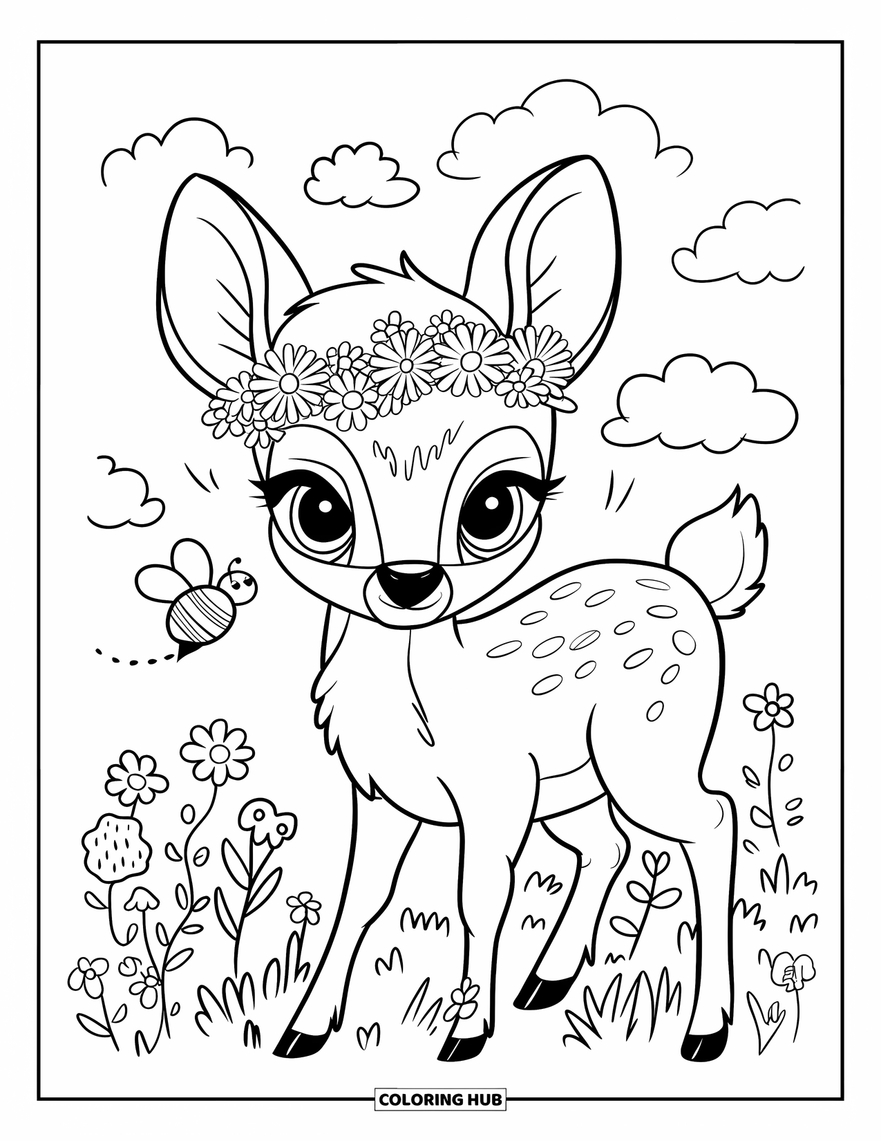 Disegno di cervo da colorare per adulti: Un giovane cervo con una corona floreale guarda incuriosito una minuscola ape che ronza nelle vicinanze