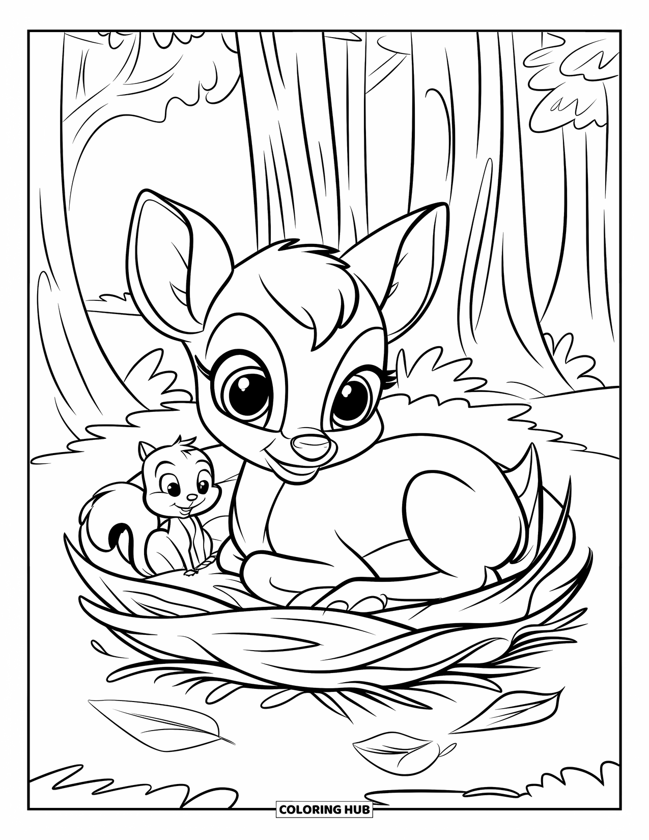 Disegno di cervo da colorare per bambini: Un cerbiatto e un allegro scoiattolo riposano insieme in una foresta