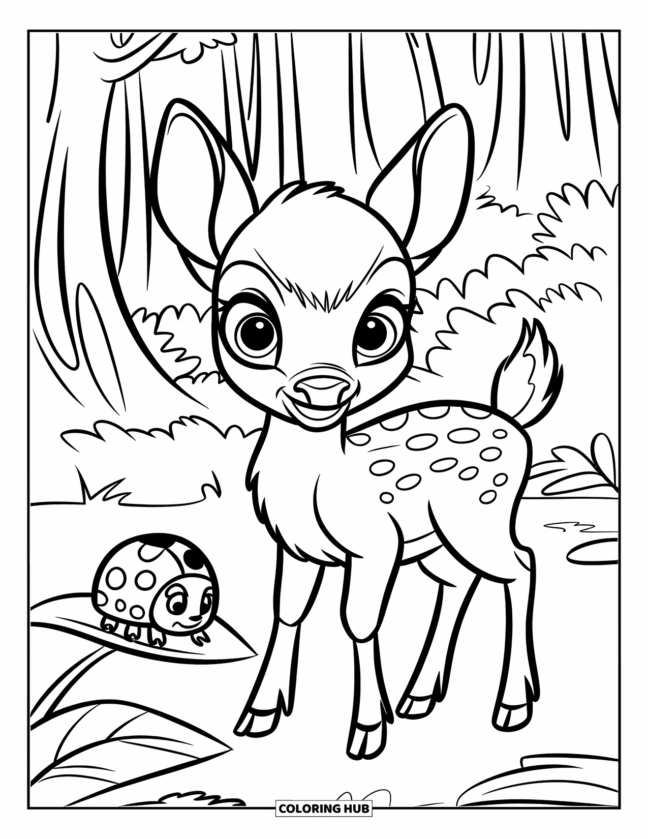 Disegno di cervo da colorare per bambini: Un cerbiatto osserva incuriosito una minuscola coccinella appoggiata su una foglia