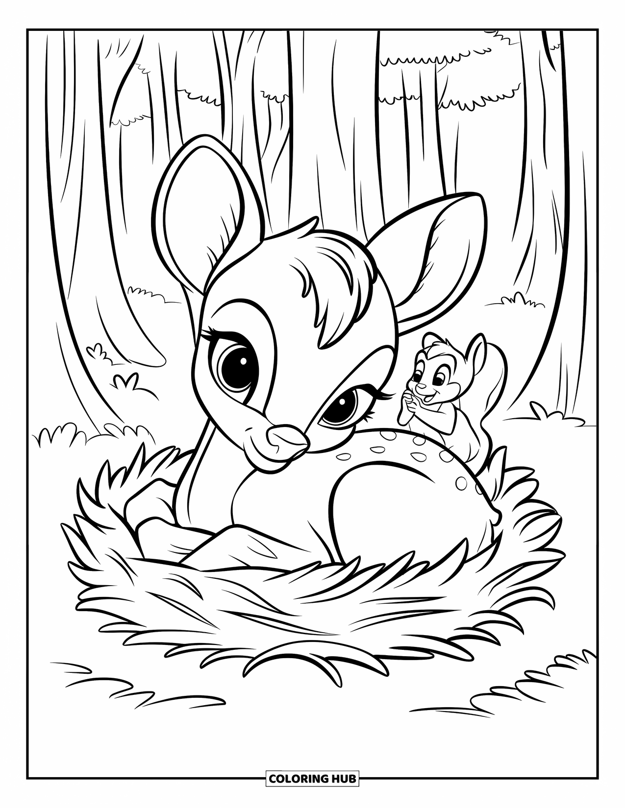 Disegno di cervo da colorare per bambini: Un cerbiatto si rannicchia in un accogliente nido di foglie con uno scoiattolo felice nelle vicinanze