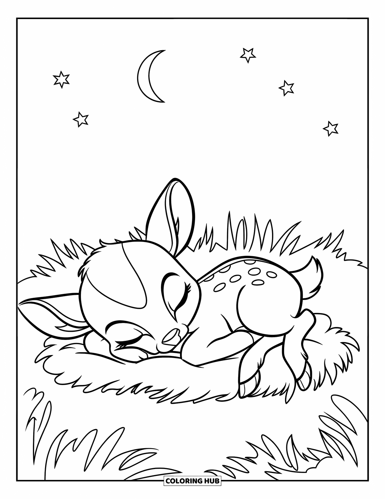 Disegno di cervo da colorare per bambini: Un cerbiatto sonnecchia sull'erba sotto un cielo tranquillo con stelle