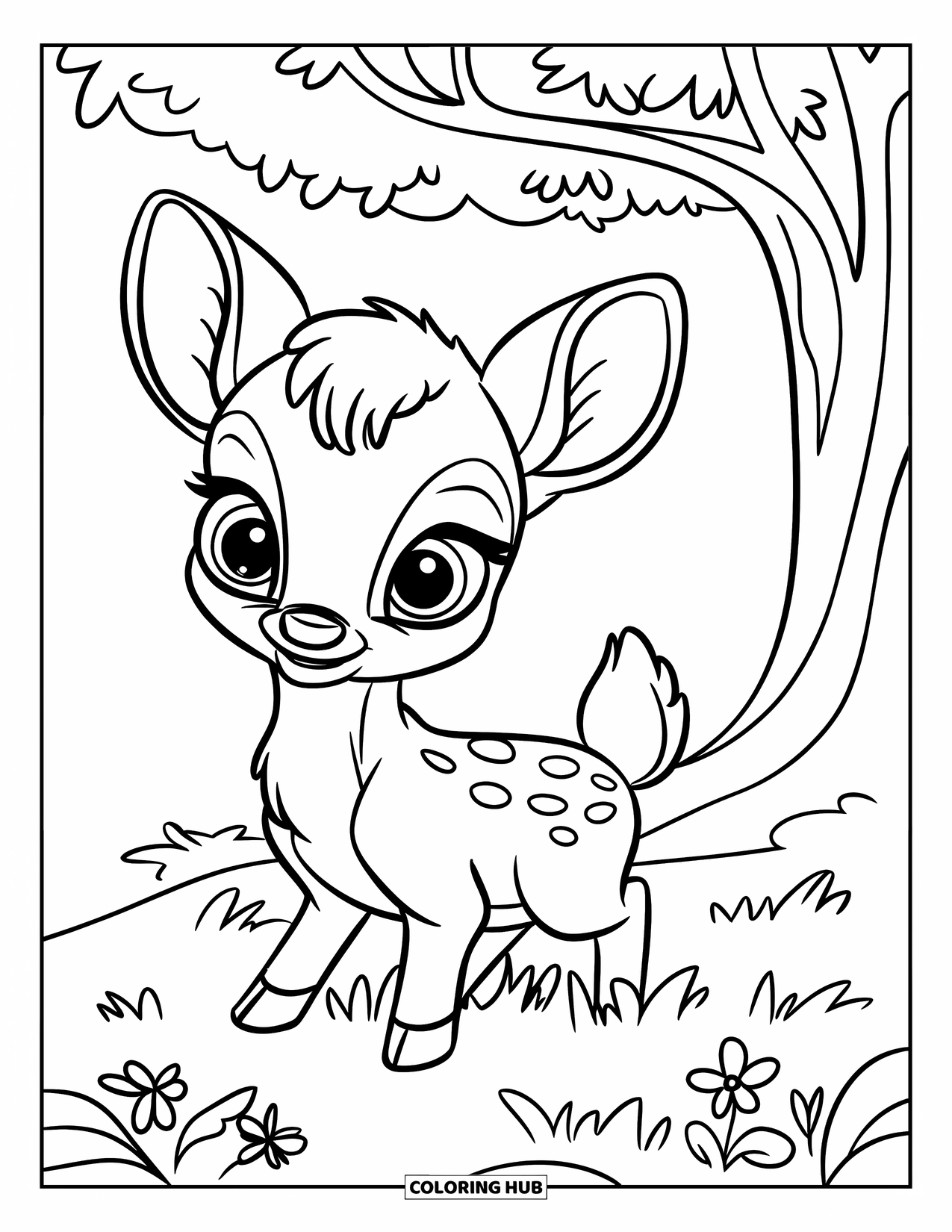 Disegno di cervo da colorare per bambini: Un cerbiatto siede sotto un albero con fiori delicati intorno