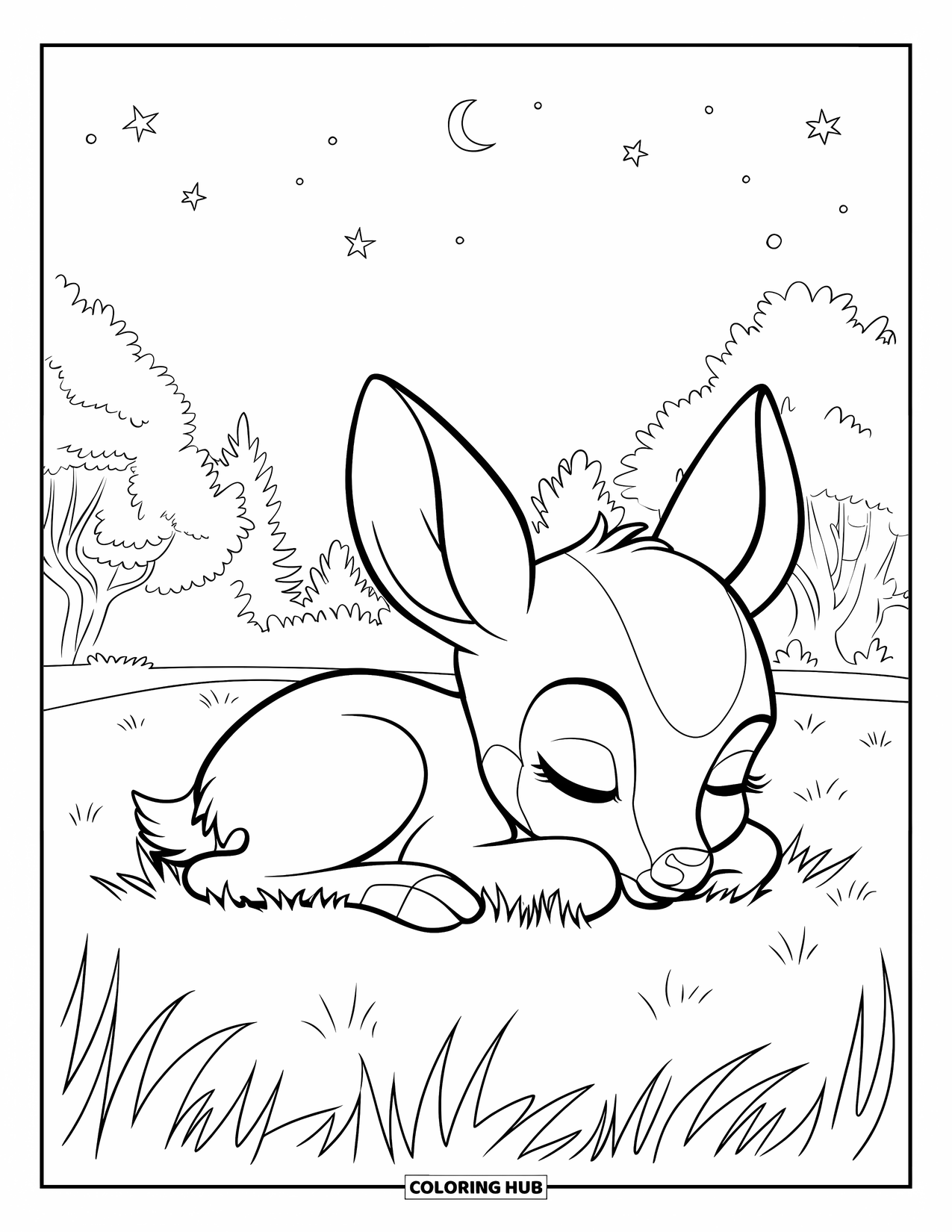 Disegno di cervo da colorare per bambini: Un cerbiatto dorme pacificamente su una chiazza erbosa sotto un cielo stellato