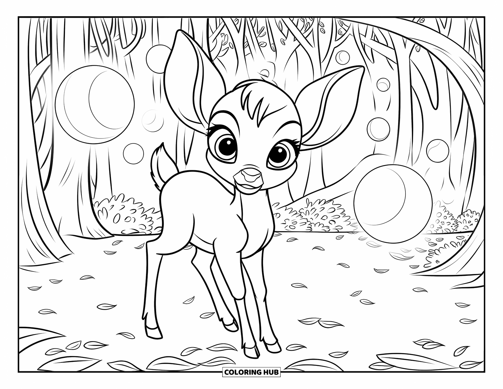 Disegno di cervo da colorare per bambini: Un cerbiatto si erge sotto lanterne fluttuanti in un tranquillo ambiente forestale notturno