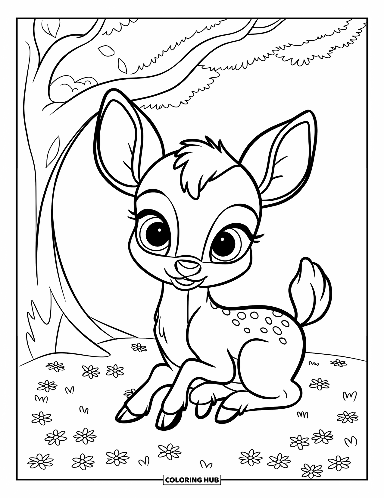 Disegno di cervo da colorare per bambini: Un cerbiatto carino riposa sotto un albero, circondato da fiori selvatici