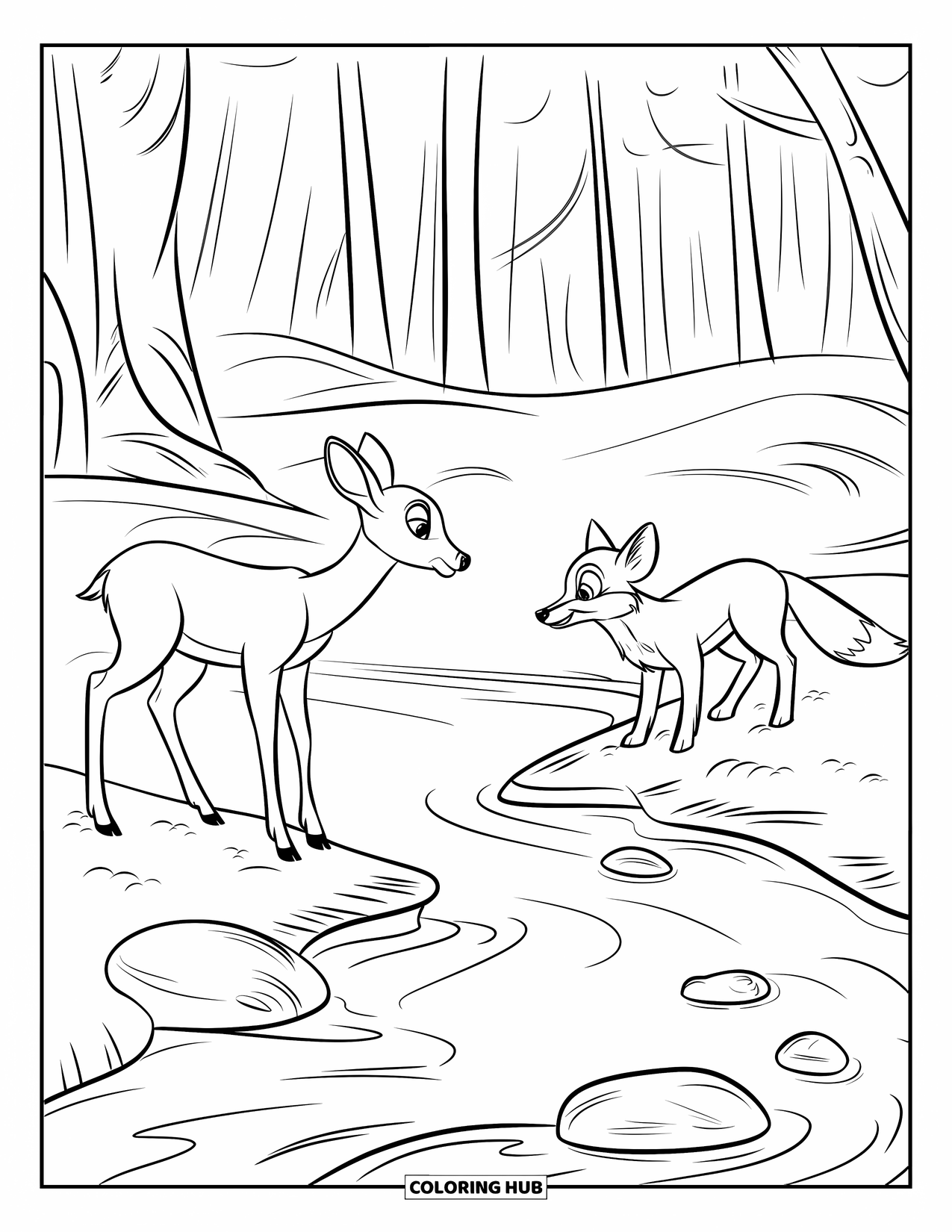 Disegno di cervo da colorare per bambini: Un cervo e una volpe si incontrano su sponde opposte del fiume, circondati da alberi rigogliosi