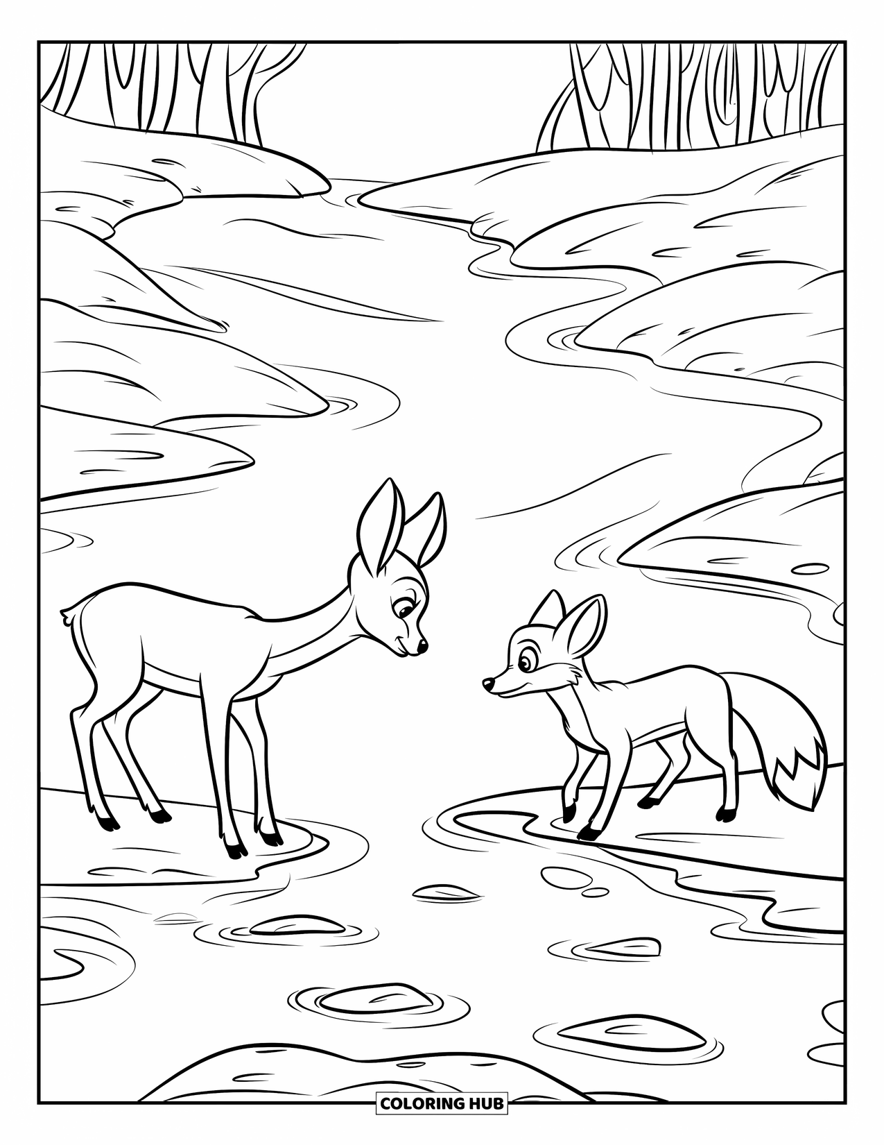 Disegno di cervo da colorare per bambini: Un cervo e una volpe condividono un momento tranquillo attraverso un fiume poco profondo nel bosco