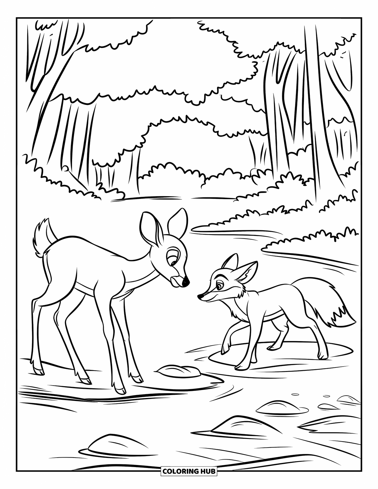 Disegno di cervo da colorare per bambini: Un cervo e una volpe si fissano l'un l'altro attraverso un fiume poco profondo nella foresta