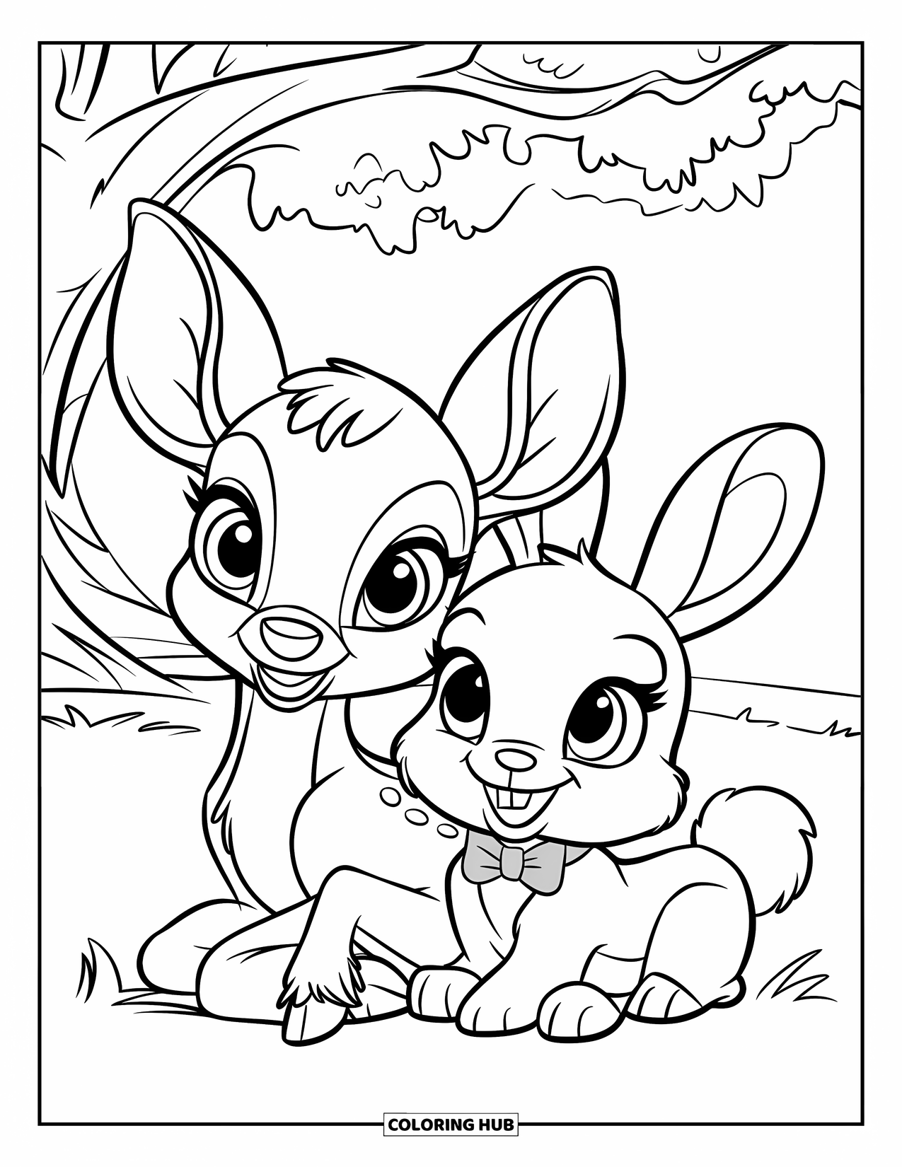 Disegno di cervo da colorare per bambini: Un cervo e un coniglio siedono insieme sotto un'imponente quercia in un prato