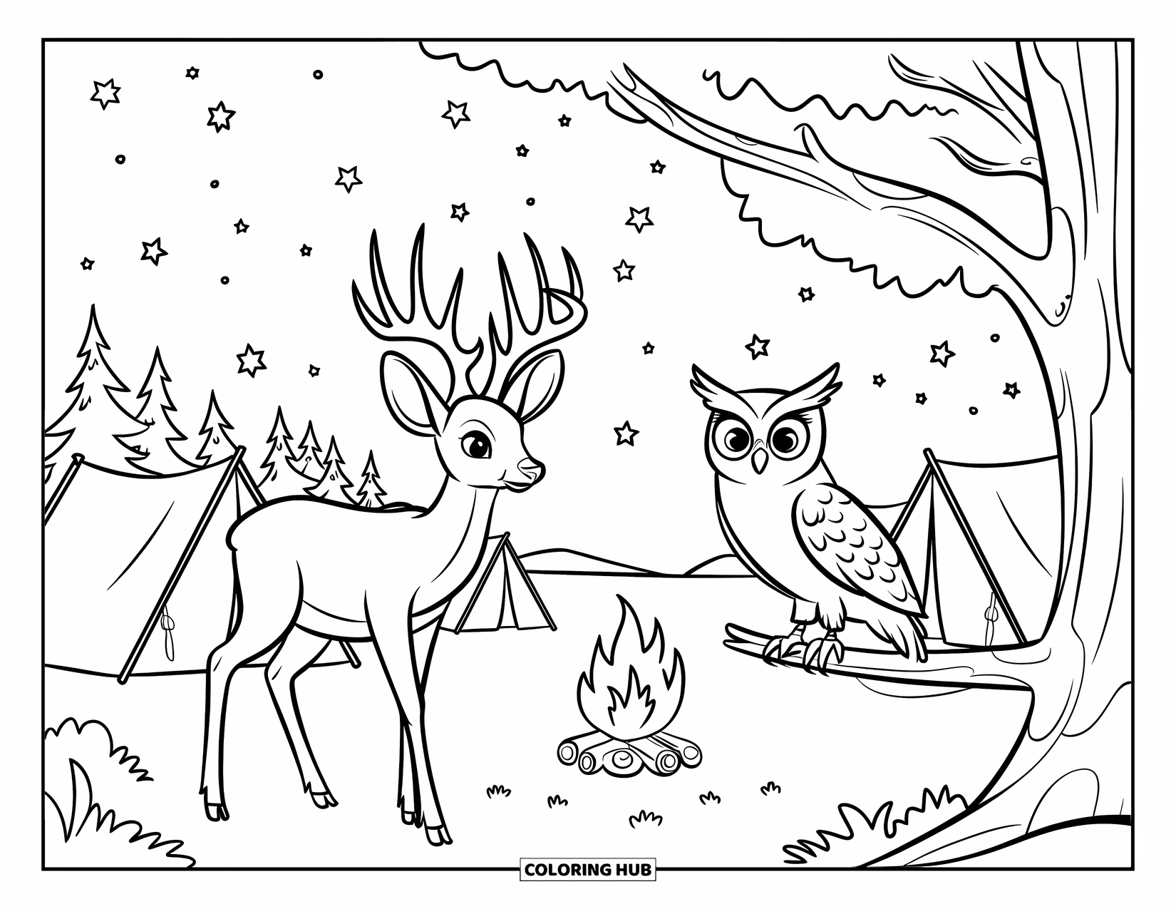 Disegno di cervo da colorare per bambini: Un cervo e un gufo condividono un momento tranquillo in un campeggio sotto un cielo stellato