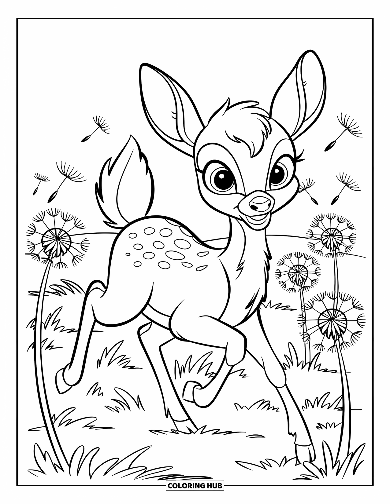 Disegno di cervo da colorare per bambini: Un cervo corre gioiosamente attraverso un campo di denti di leone, spargendo semi nella brezza